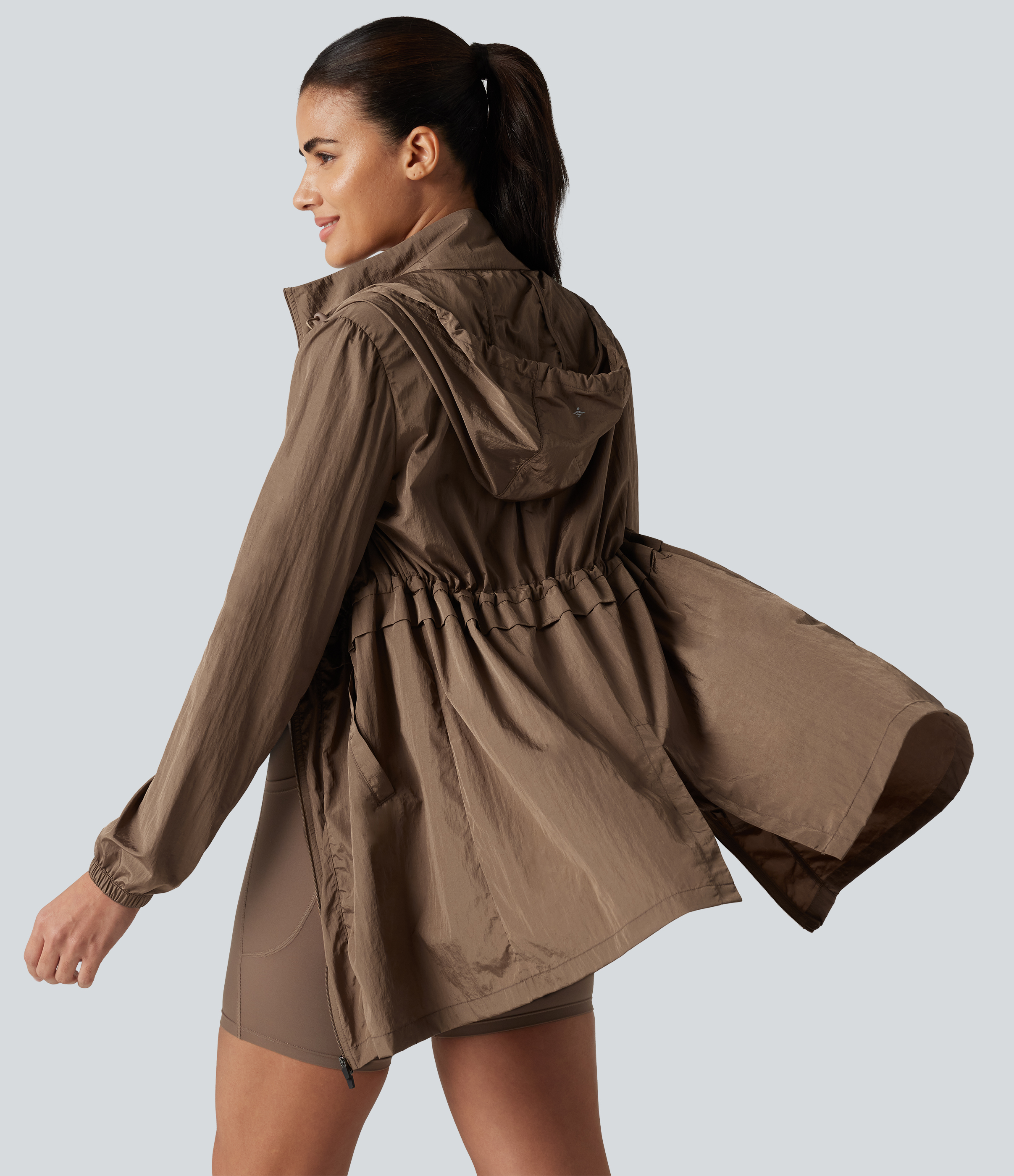 Coca Mocha Durable Water Repellent Lightweight Hooded 2-Way Zipper Drawstring Split Hiking Jacket with Pockets / 2