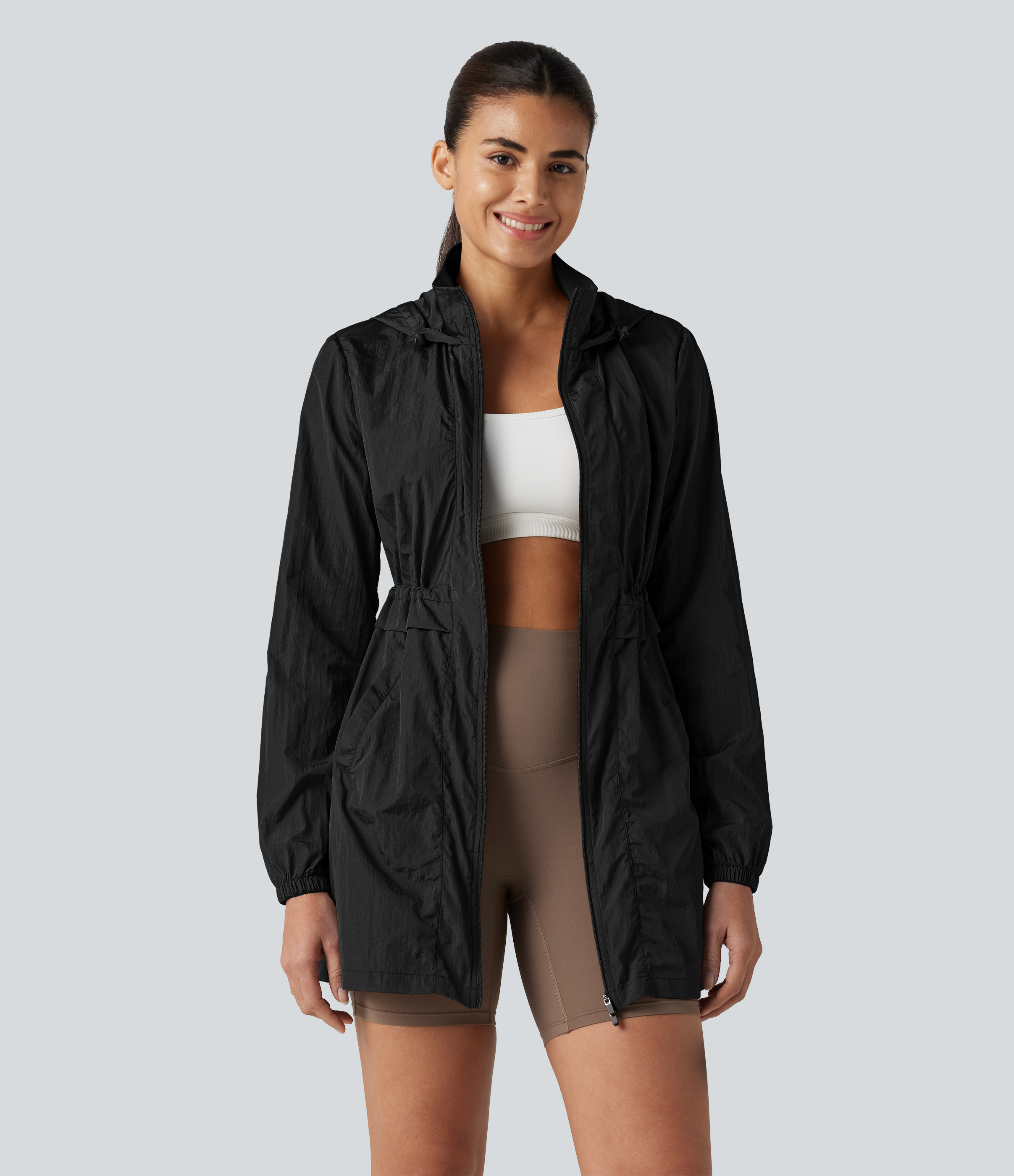 Durable Water Repellent Lightweight Hooded 2-Way Zipper Drawstring Split Hiking Jacket with Pockets