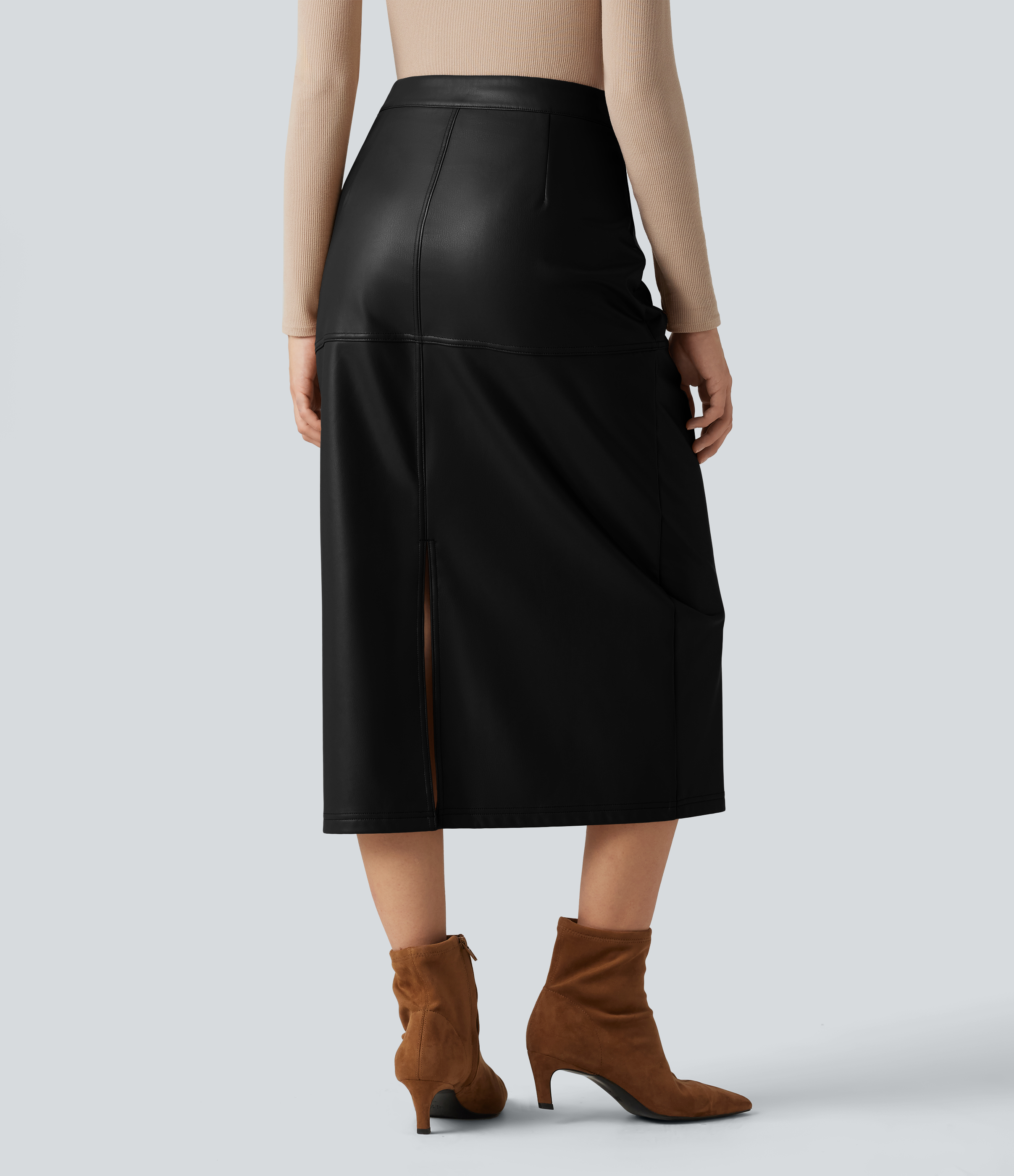 High Waisted Invisible Zipper Split Stretchy PU Fleece Midi Work Pencil Skirt