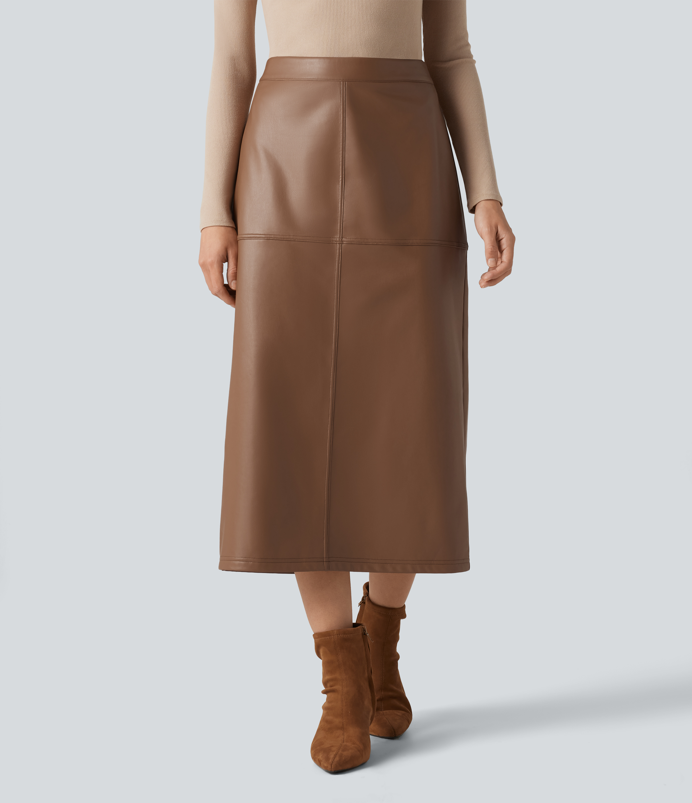 Argan Oil High Waisted Invisible Zipper Split Stretchy PU Fleece Midi Work Pencil Skirt / 2