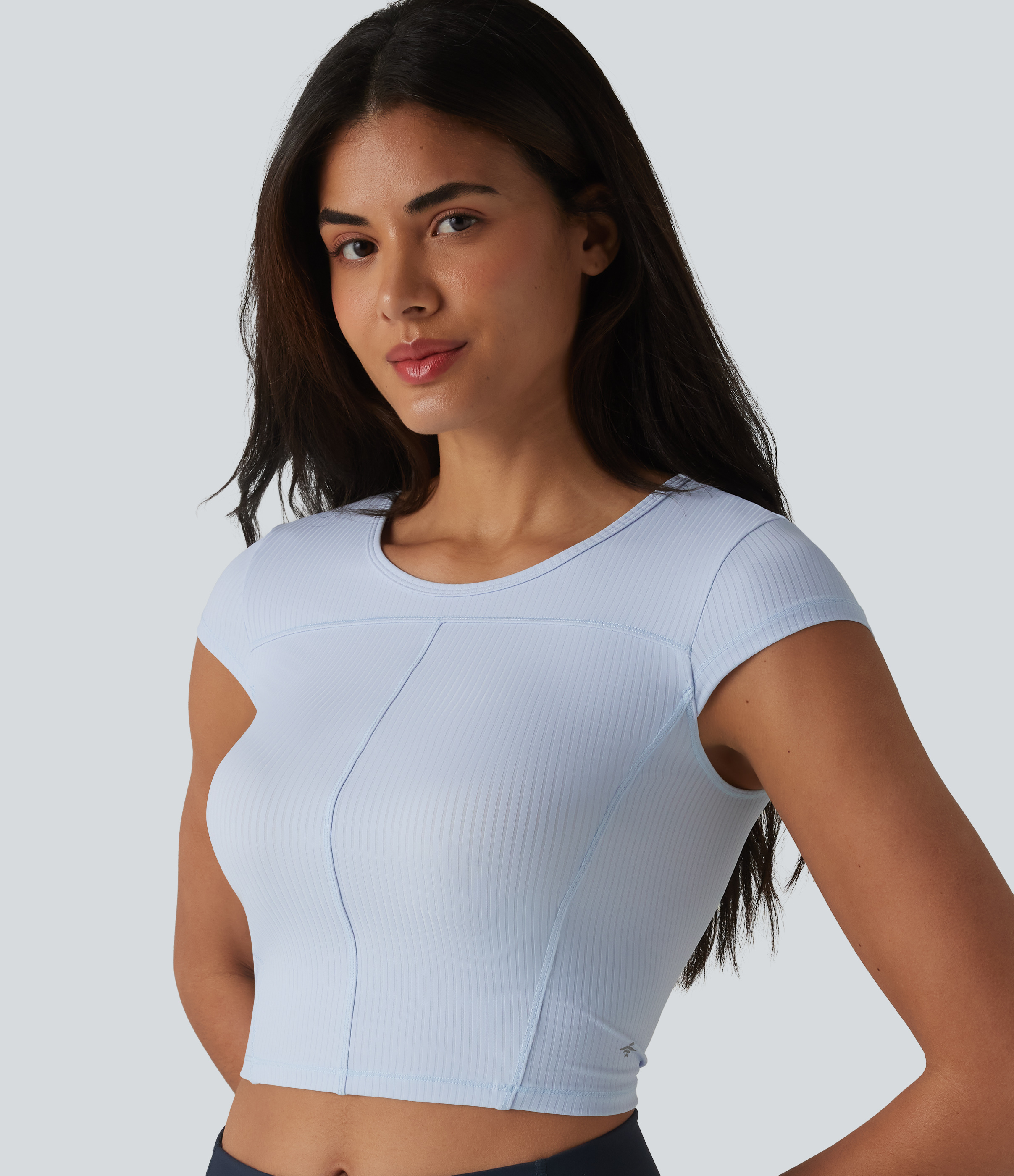 Ribbed Knit Round Neck Short Sleeve Cropped Yoga Sports Top