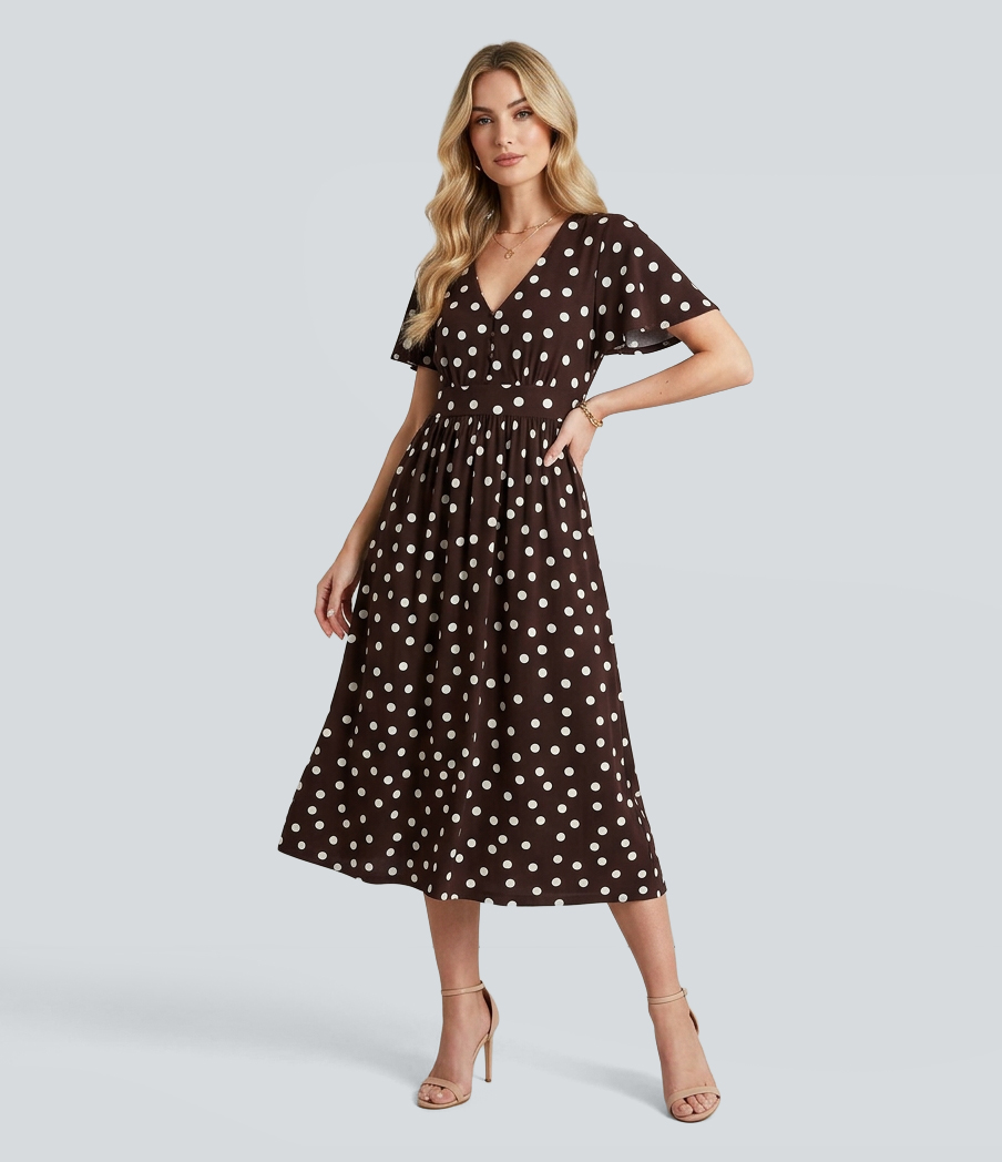 V Neck Short Sleeve Polka Dot Midi Casual Dress