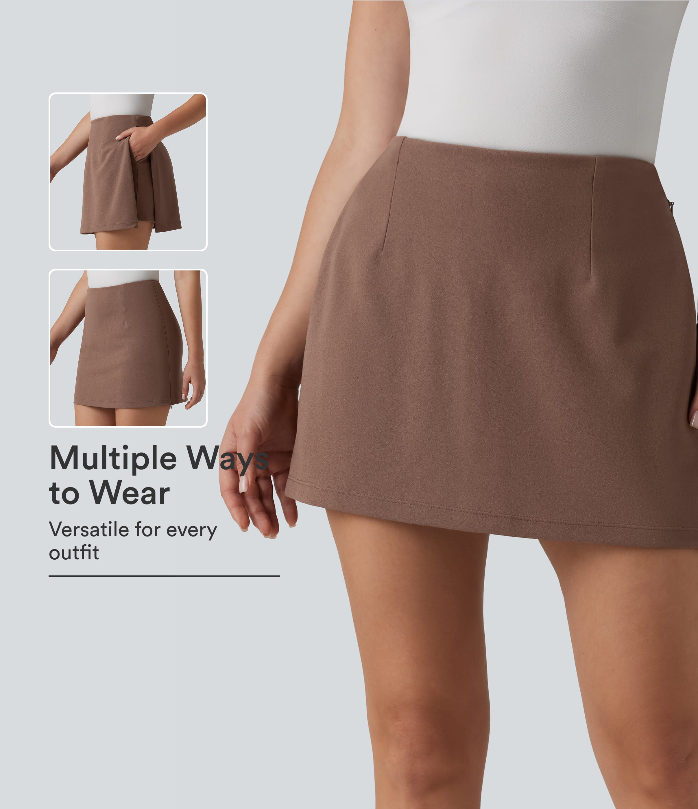 Jupe-short de travail 2 en 1, taille haute, fendue, avec fermeture éclair invisible et poches, infroissable