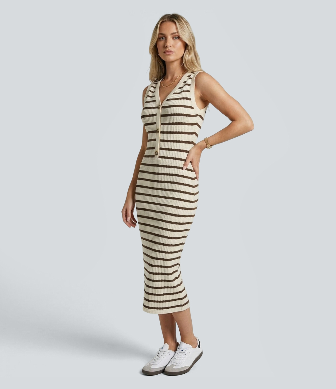 V-neck Sleeveless Stripes Bodycon Midi Casual Dress