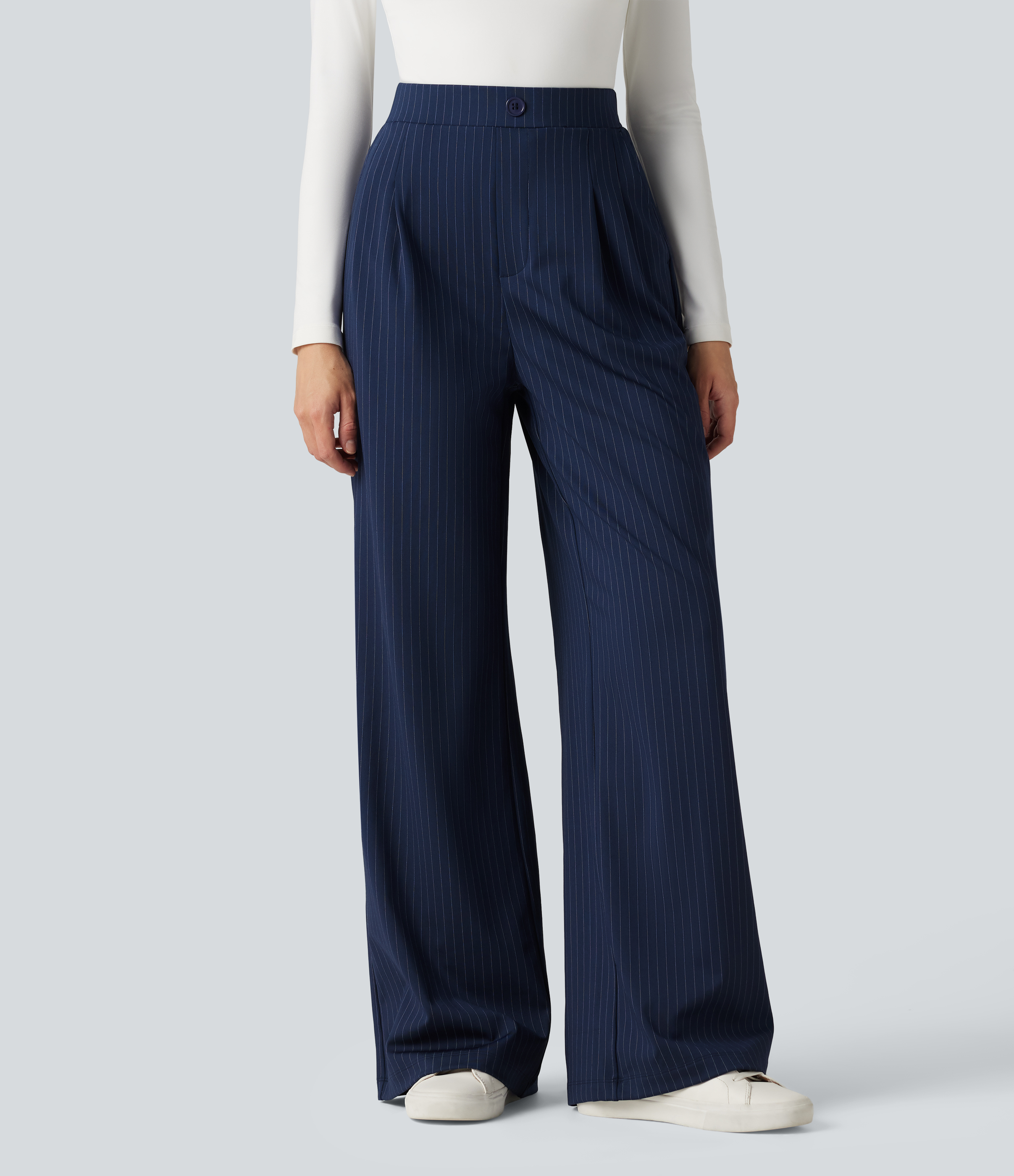 High Waisted Decorative Button Stripes Work Wide Leg Pants with Pockets