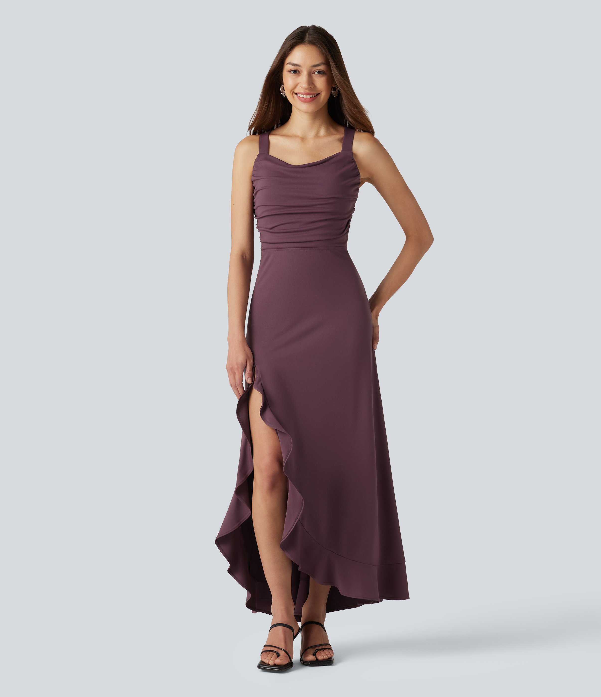 Plum Wine Crisscross Backless Split Ruffle Hem Built-in Bra Midi Party Flowy Dress / 2