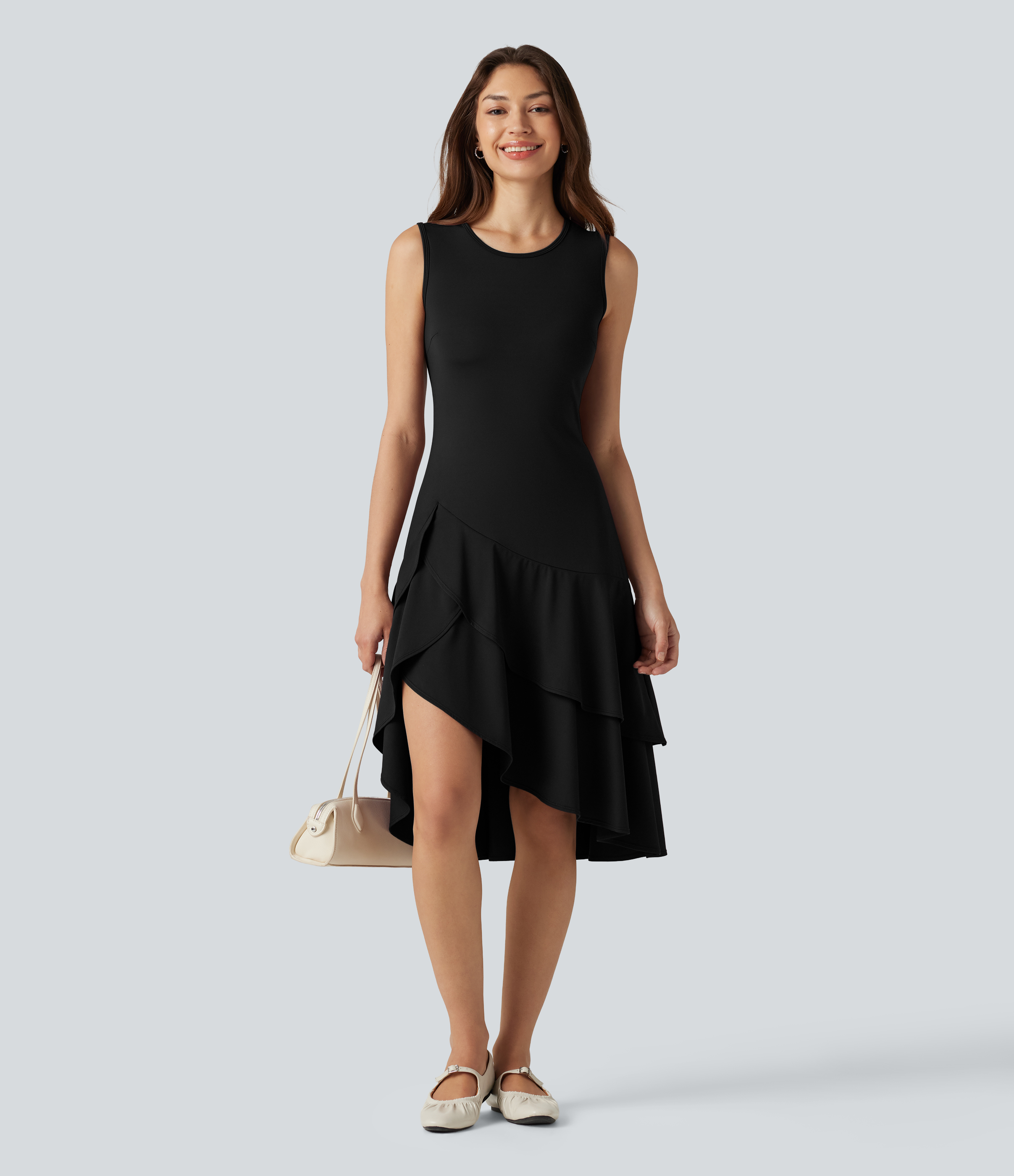 SoftlyZero™ Airy Round Neck Sleeveless Layered Ruffle Hem InstantCool Midi Casual Dress