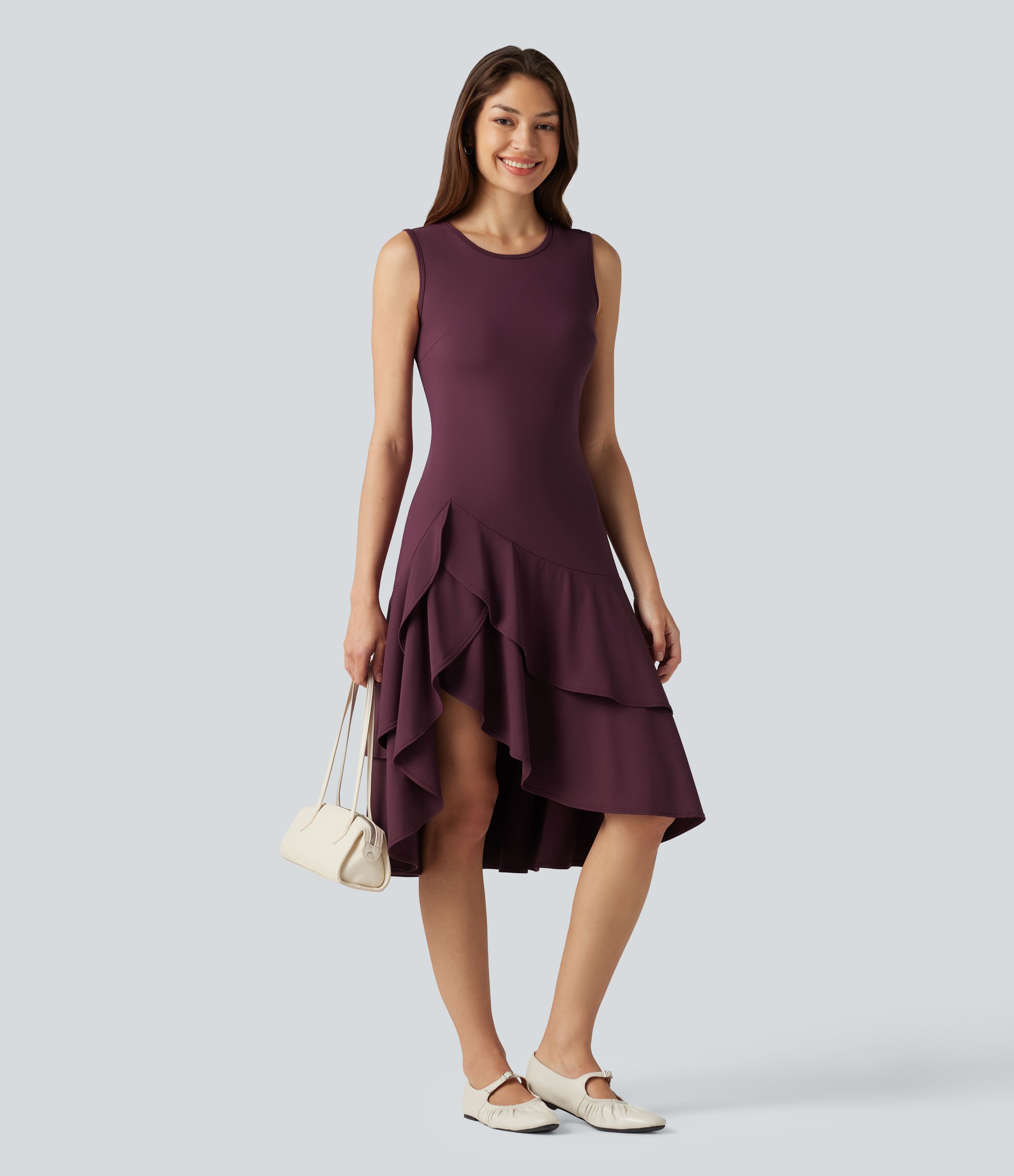 SoftlyZero™ Airy Round Neck Sleeveless Layered Ruffle Hem InstantCool Midi Casual Dress