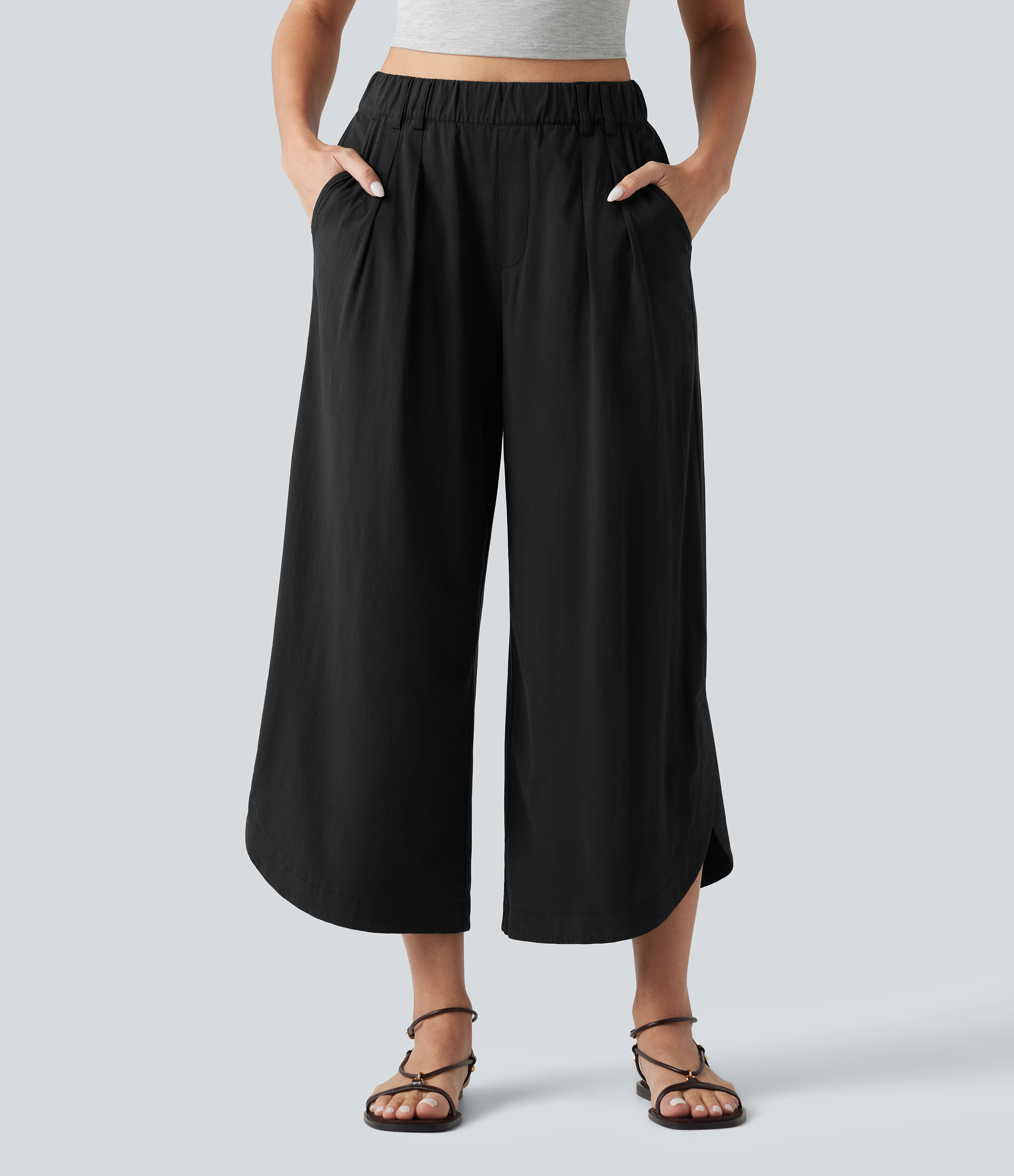 High Waisted Wide Leg Curved Hem Cropped Casual Stretch Linen Pants with Pockets