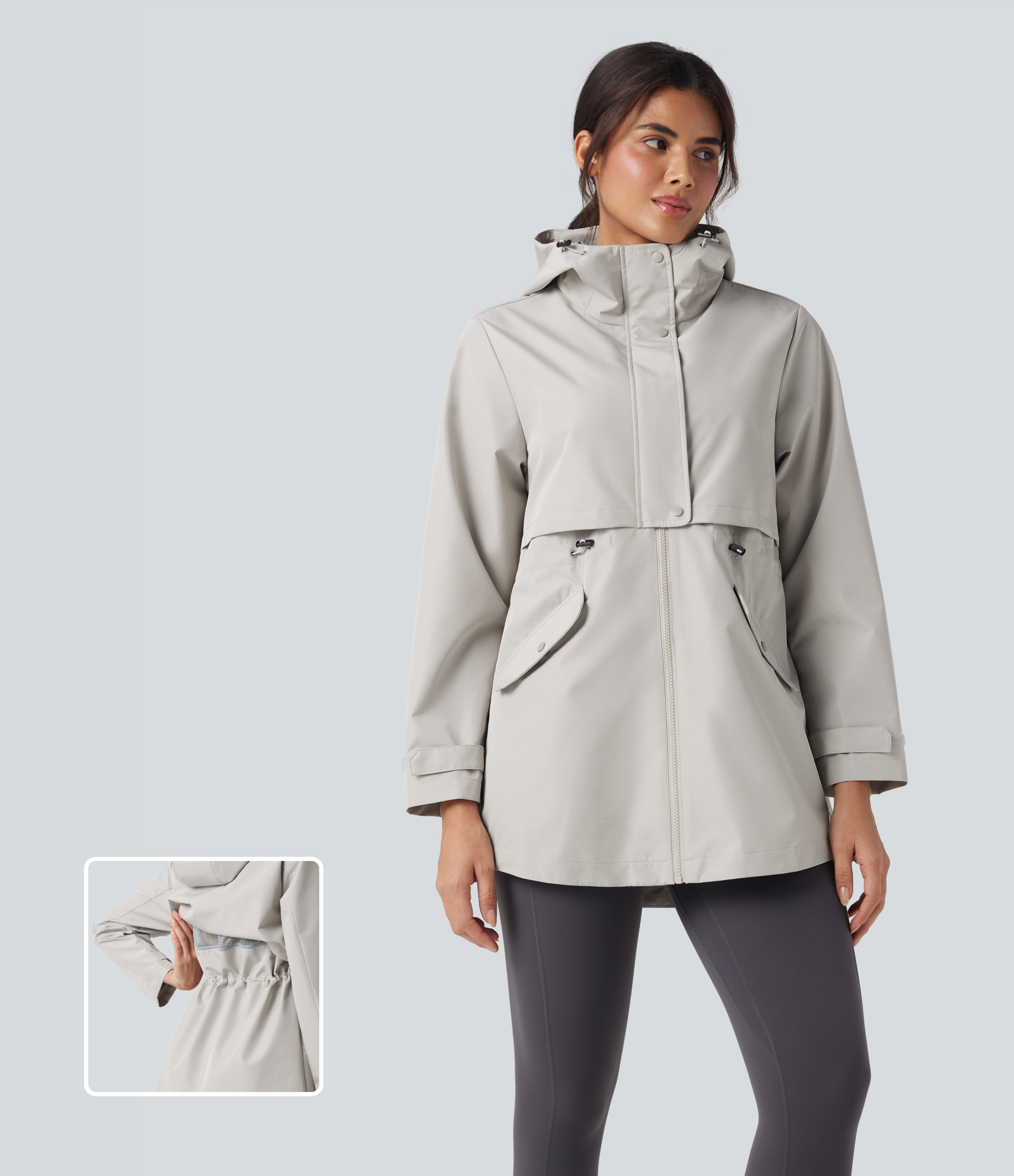 Coupe-vent cape de randonnée à capuche avec mesh contrastant, cordon de serrage et poches