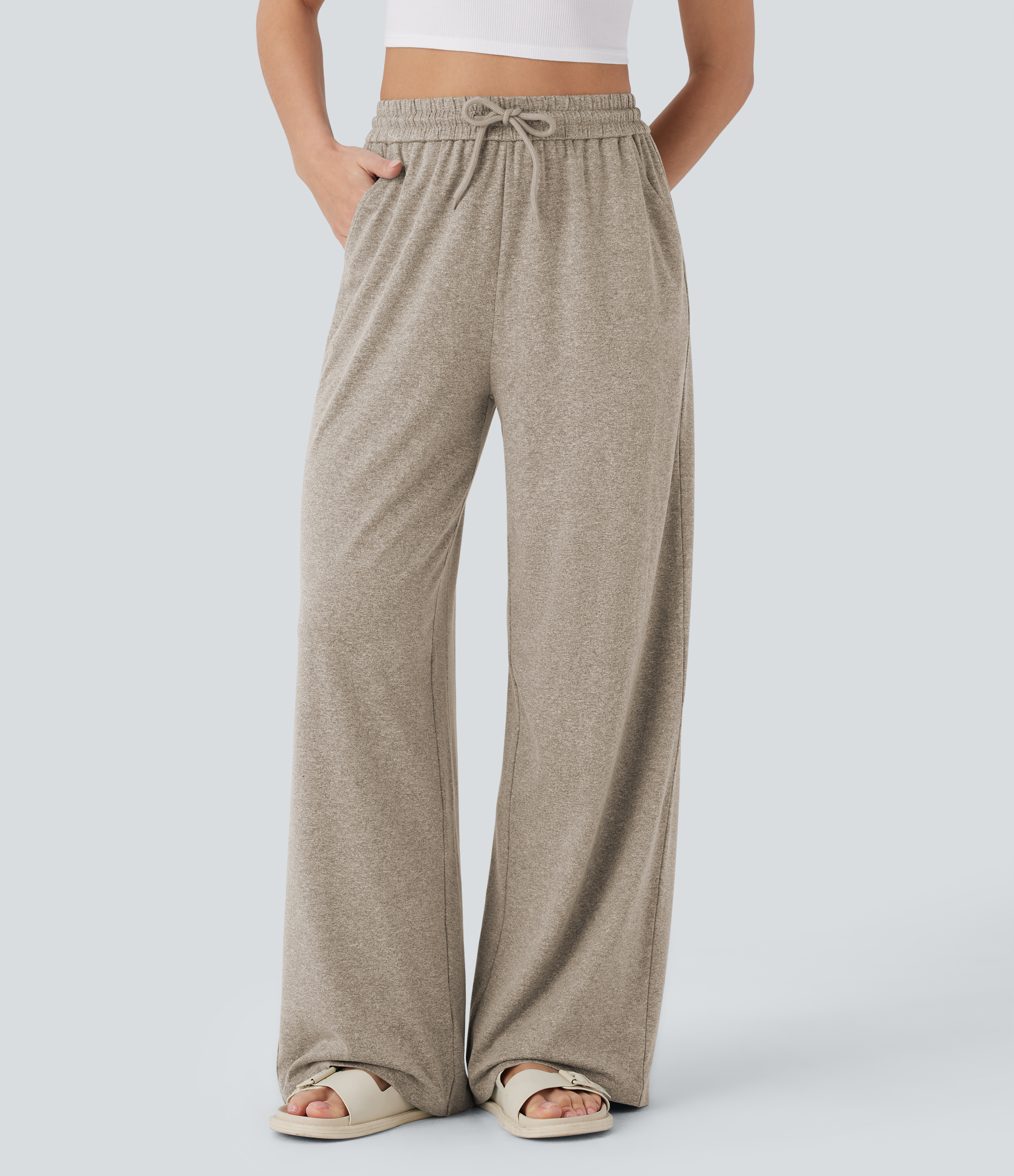 High Waisted Drawstring Pocket Wide Leg Casual Pants