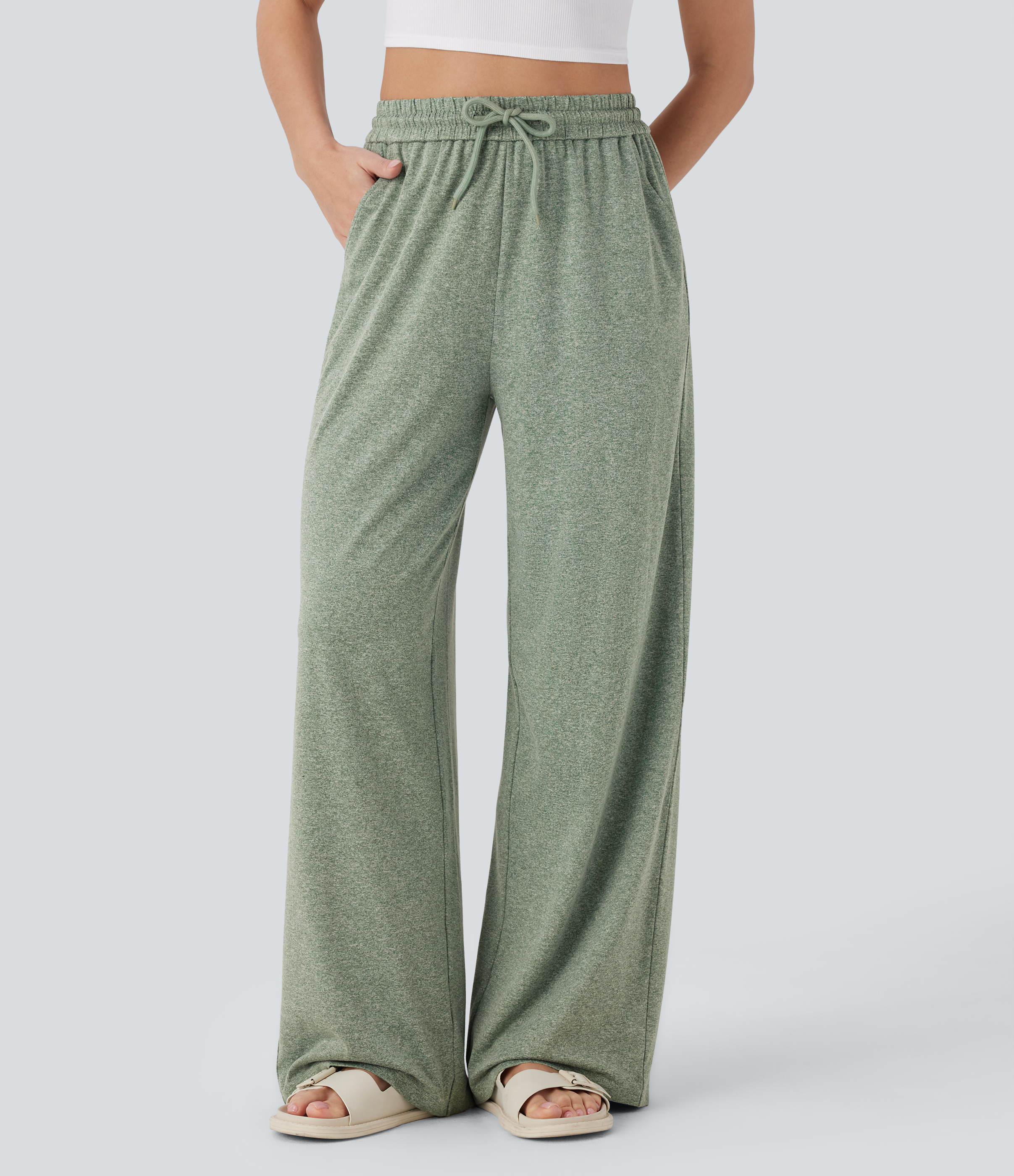 High Waisted Drawstring Pocket Wide Leg Casual Pants