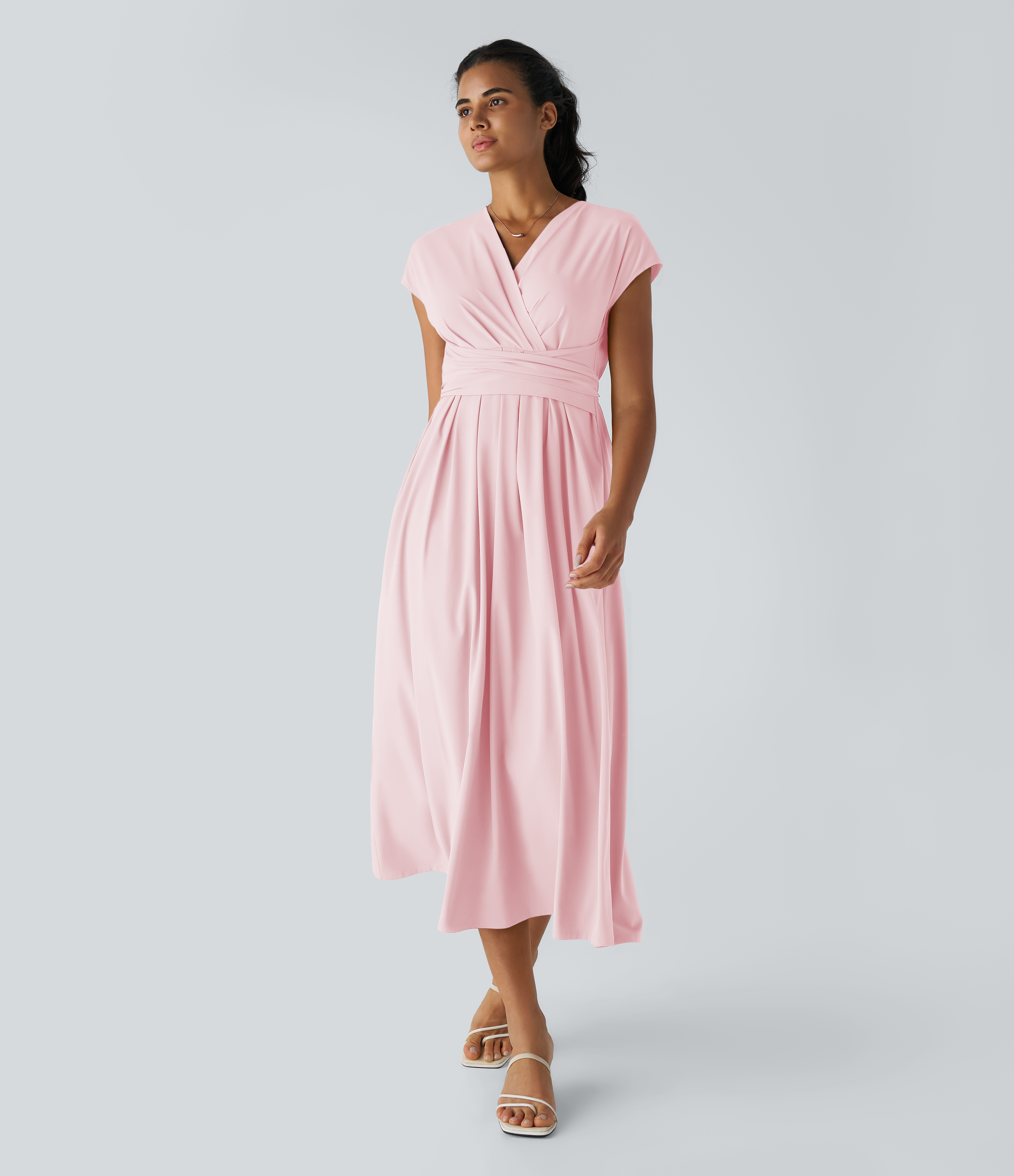 Breezeful™ V Neck Short Sleeve Pocket Tie Back Quick Dry Midi Casual Dress-Longer Length
