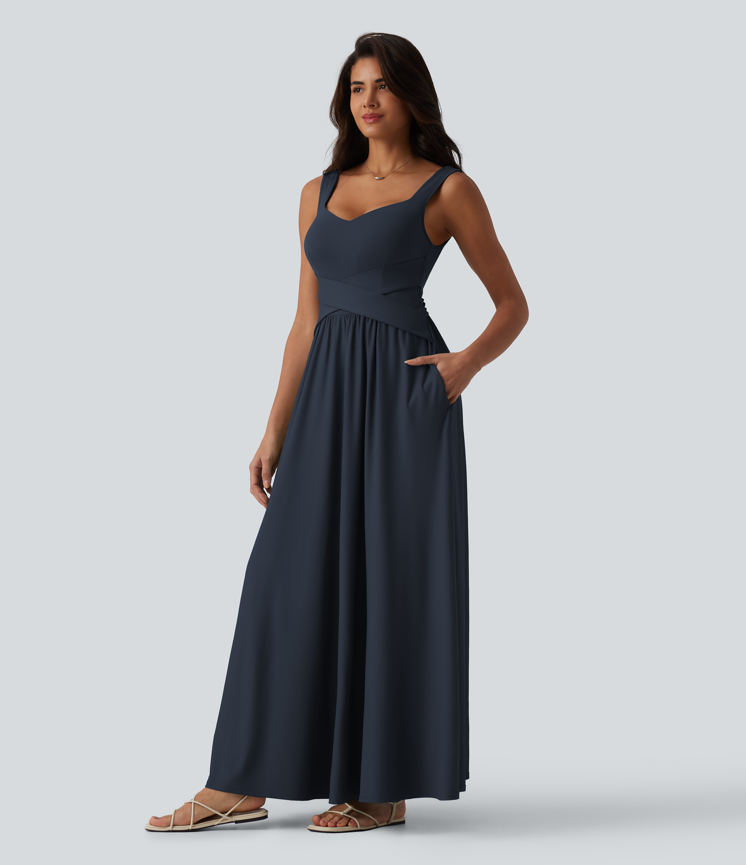 Built-in Bra Flowy Maxi Casual Dress with Pockets D-F