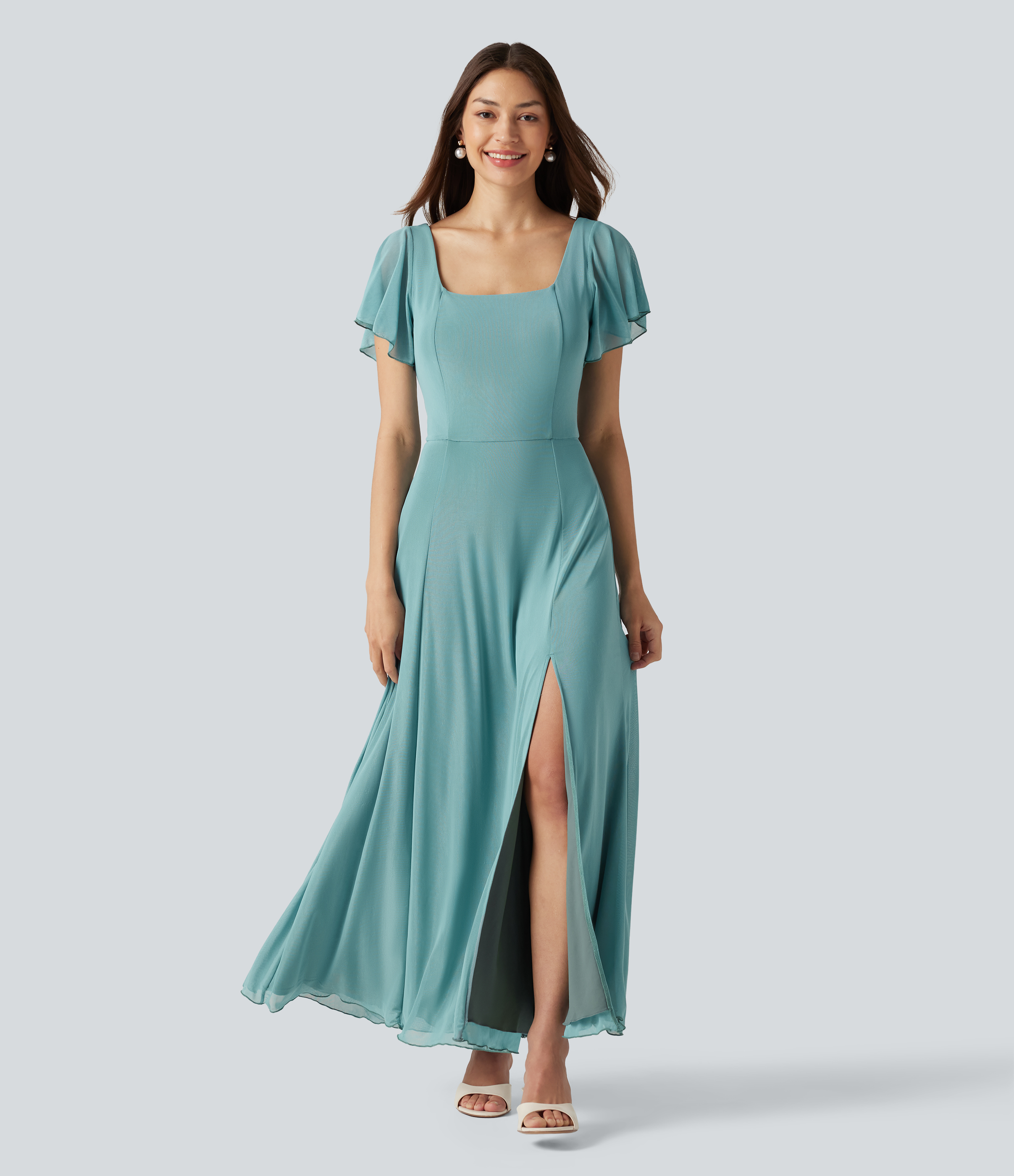 Square Neck Short Sleeve Built-in Bra Tie Back Flowy Maxi Dress