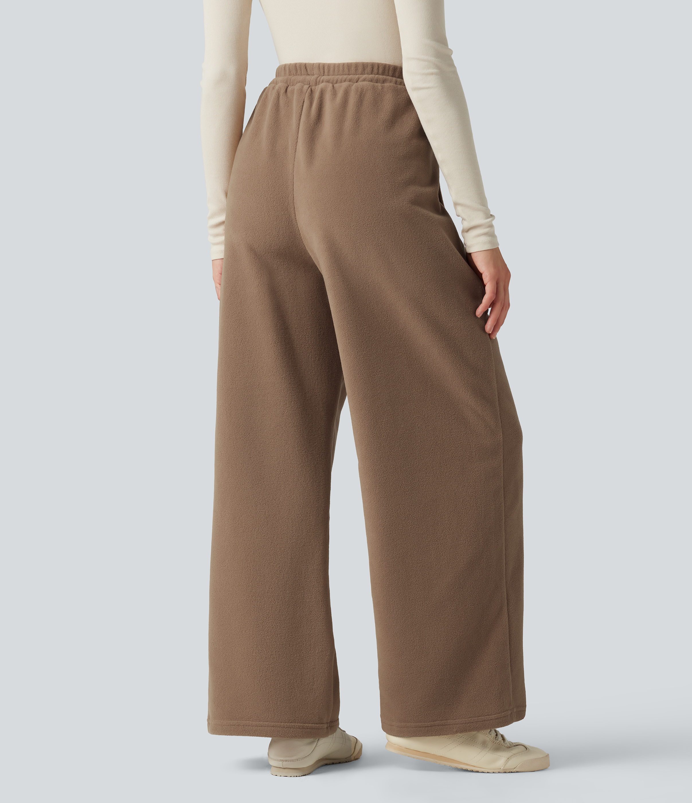 Coca Mocha High Waisted Drawstring Casual Fleece Baggy Trousers with Pockets / 2