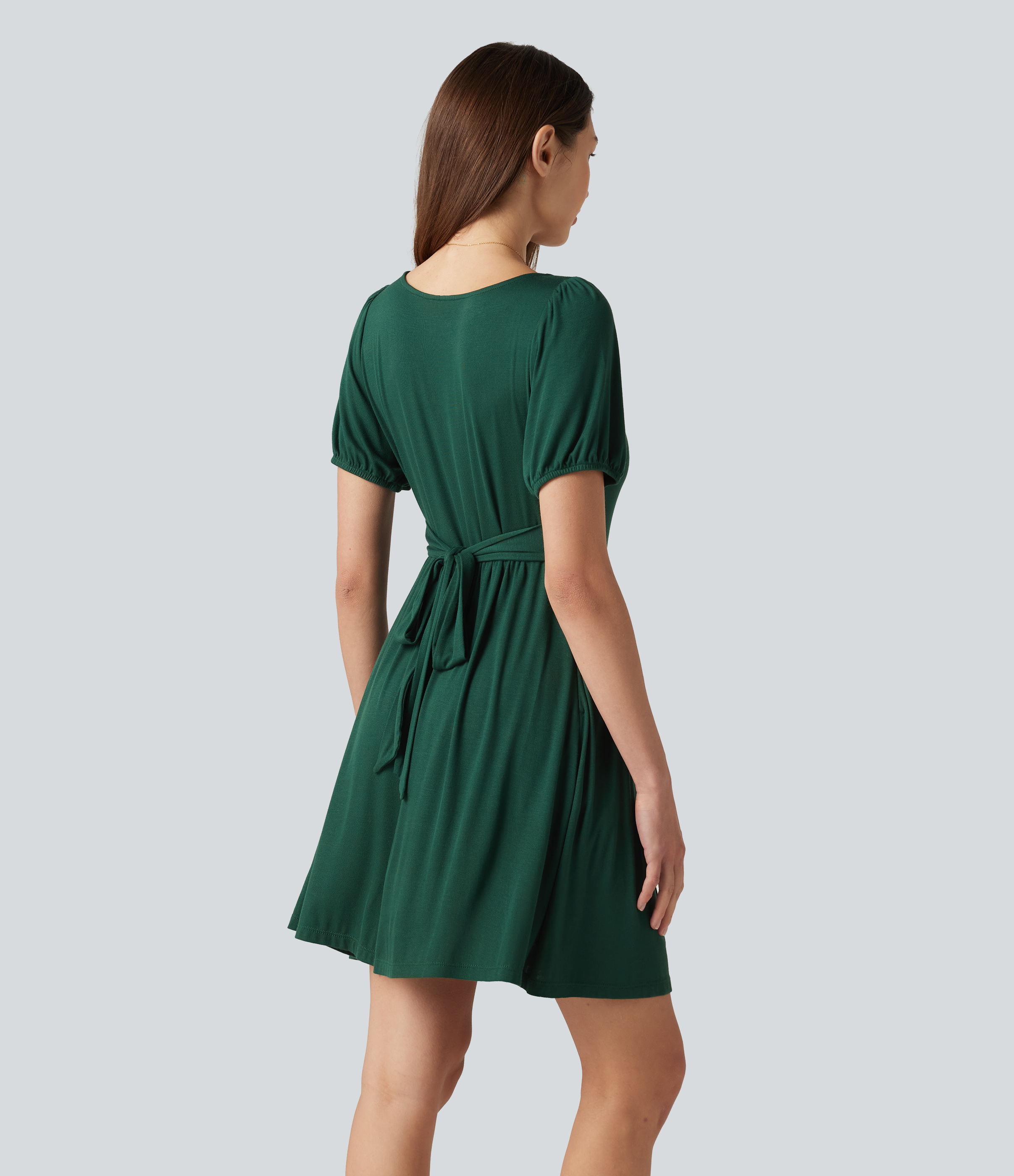 Rain Forest Scoop Neck Short Sleeve Tie Back Mini Casual Dress with Pockets / 2
