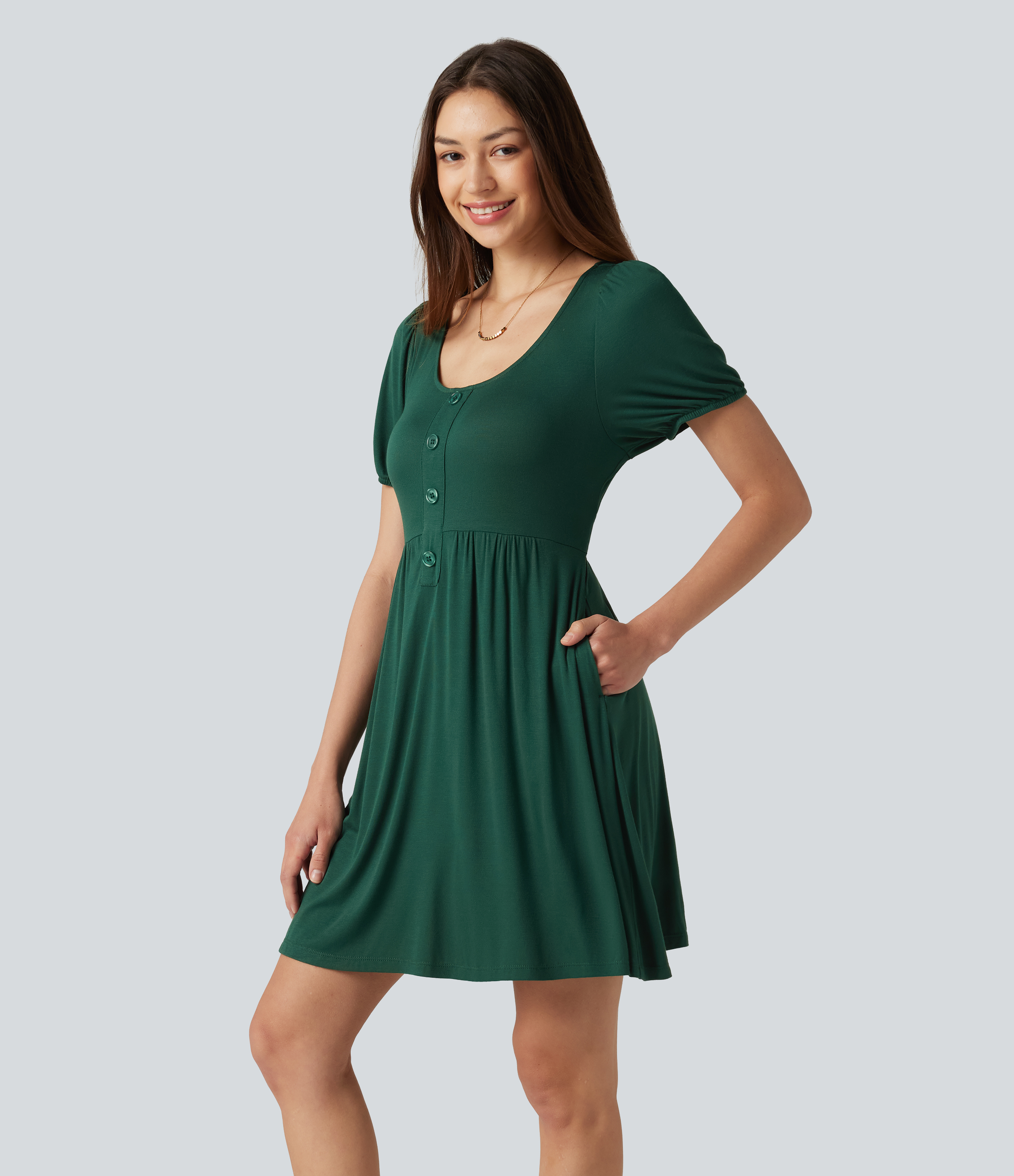 Scoop Neck Short Sleeve Tie Back Mini Casual Dress with Pockets