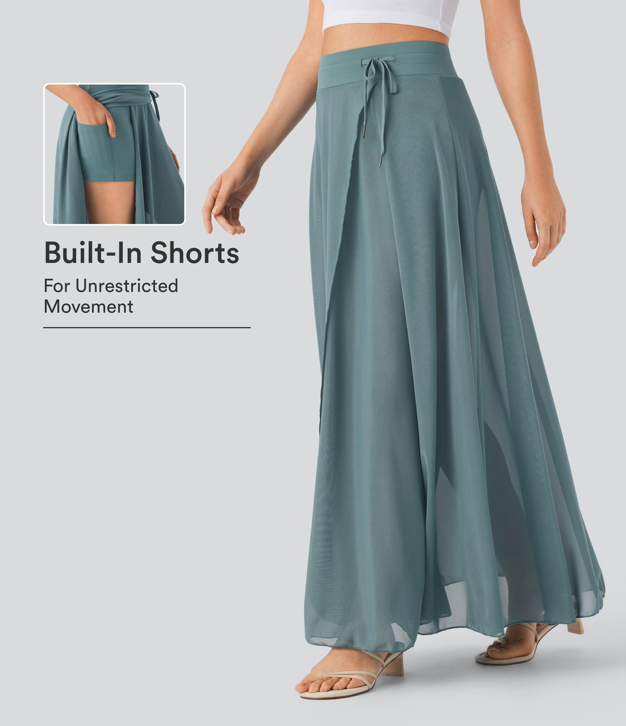 High Waisted Drawstring Contrast Mesh 2-in-1 Pocket Flowy Maxi Flare Casual Skirt