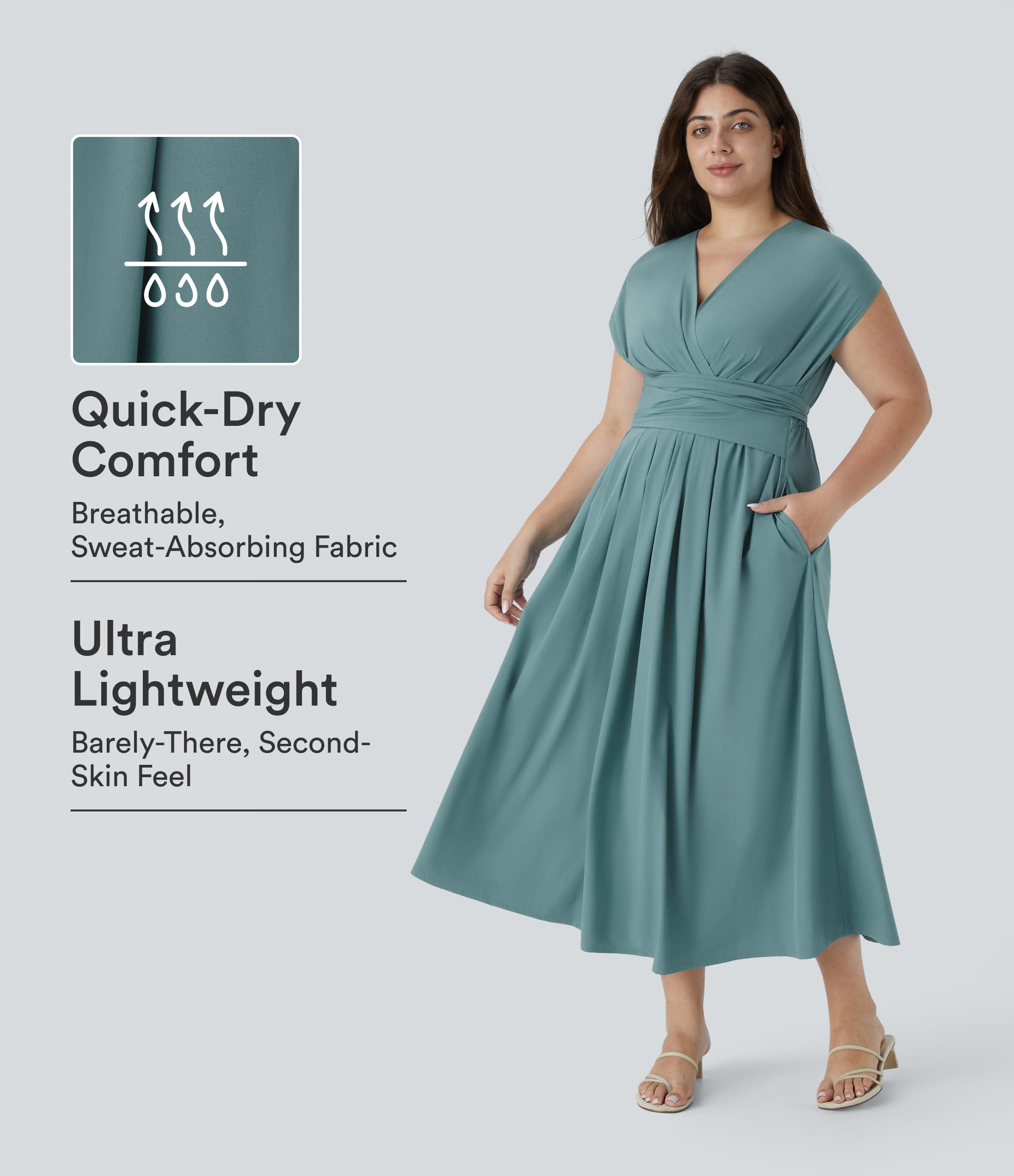 Breezeful™ V Neck Short Sleeve Pocket Tie Back Quick Dry Midi Casual Plus Size Dress