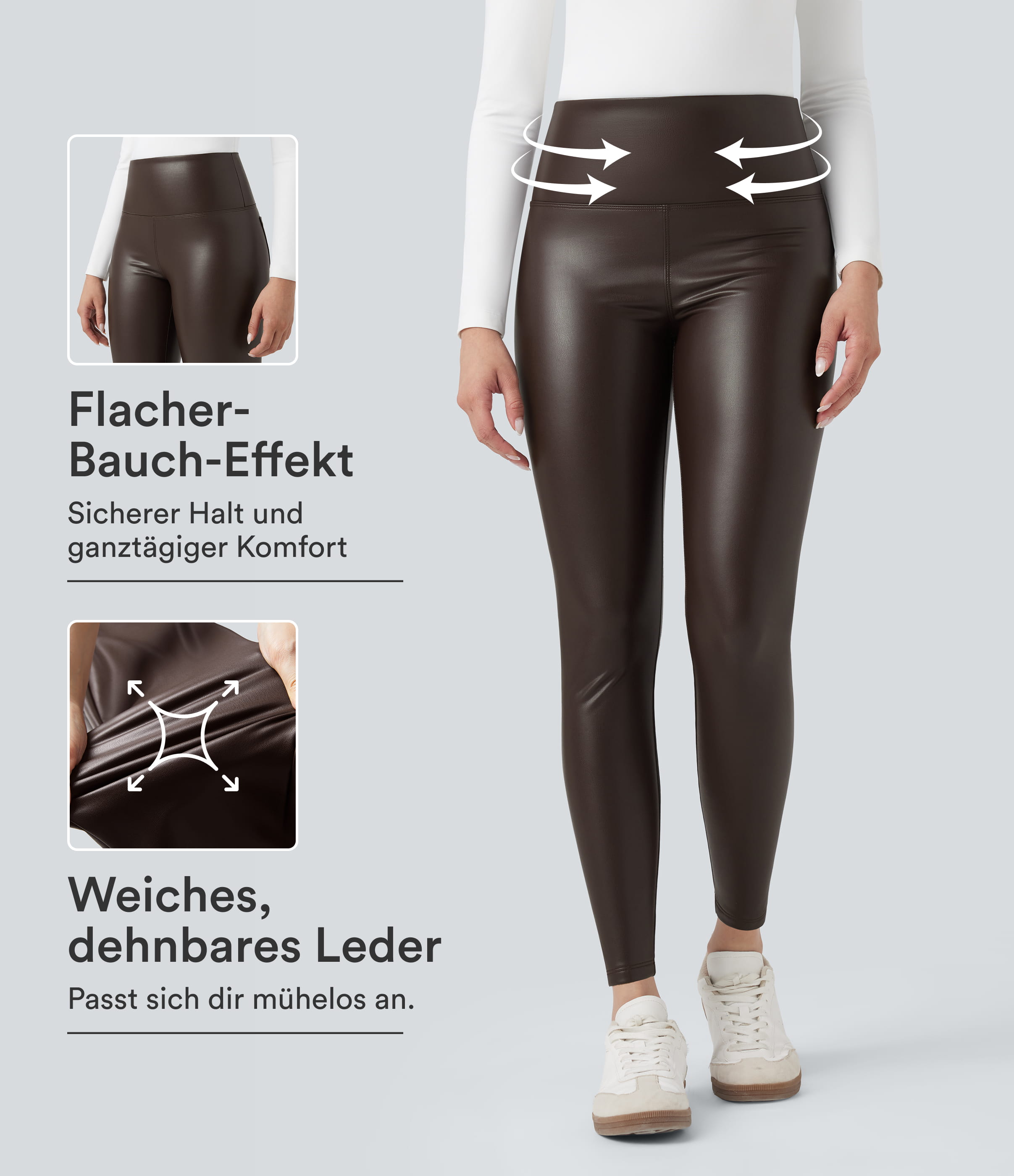 Lässige 2-in-1 Skinny-Leggings aus elastischem Kunstleder mit hohem Bund, Seitentaschen und Bauchkontrolle