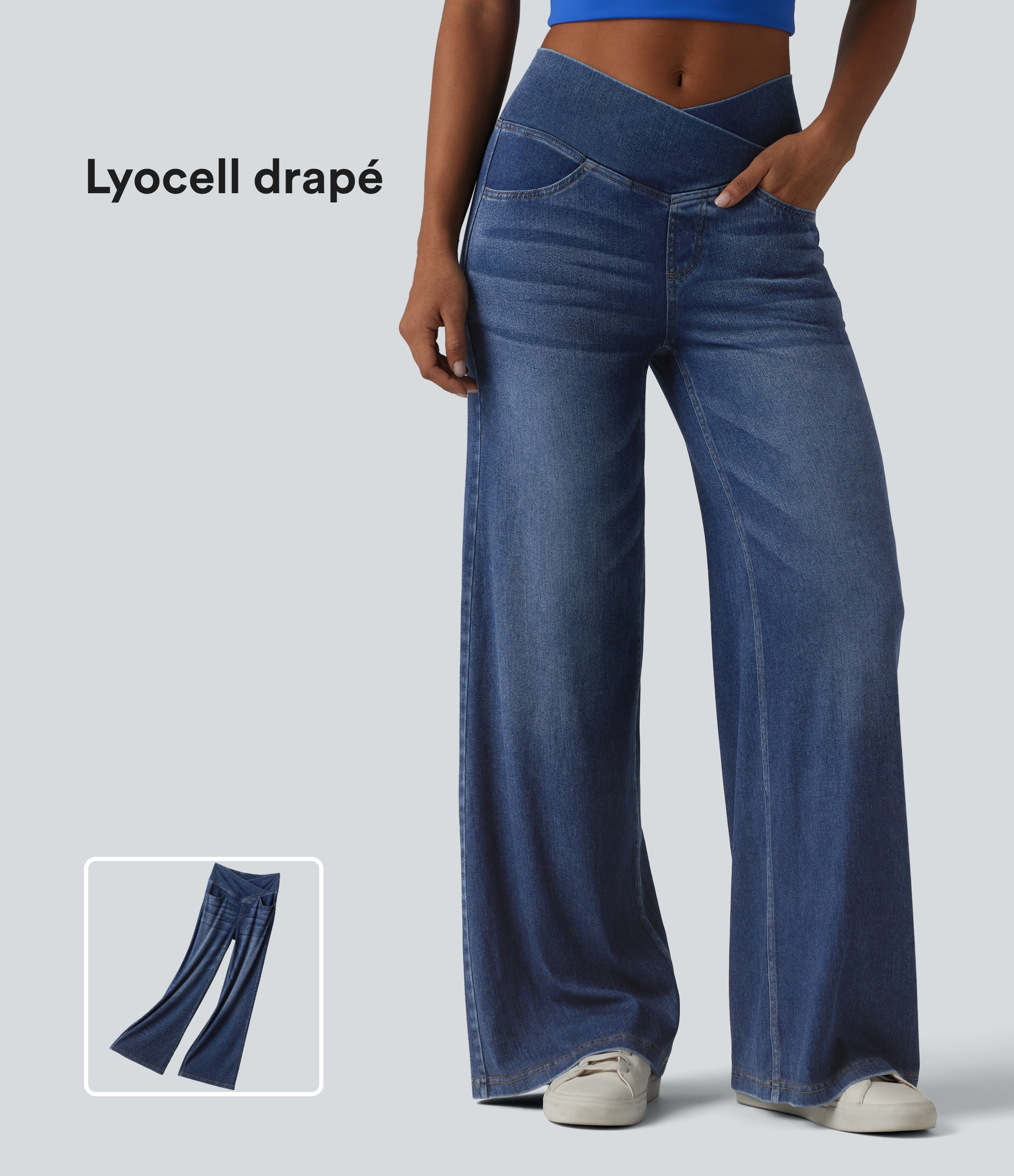 Halara Flex™ Jean large casual taille haute croisée en lyocell drapé lavé avec poches