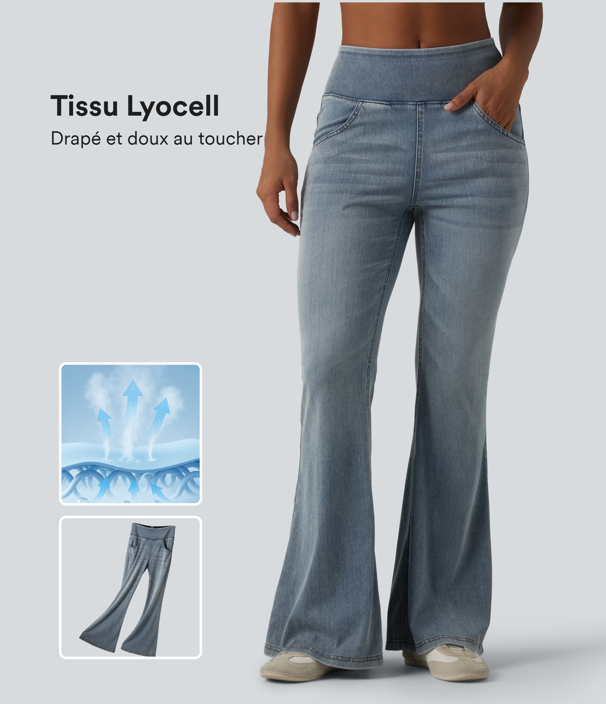 Halara Flex™ Jean évasé décontracté taille mi-haute en lyocell délavé avec poches