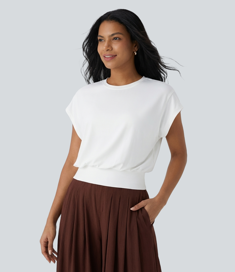 Round Neck Short Batwing Sleeve Work T-Shirt