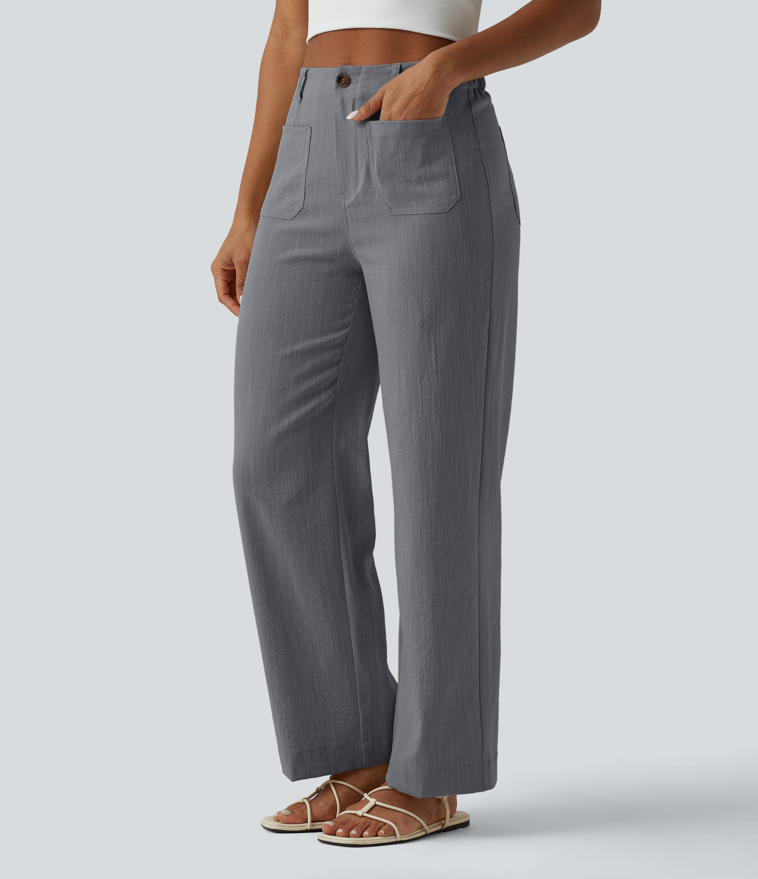 Women's High Waisted Straight Leg Casual Linen-Feel Pants with
