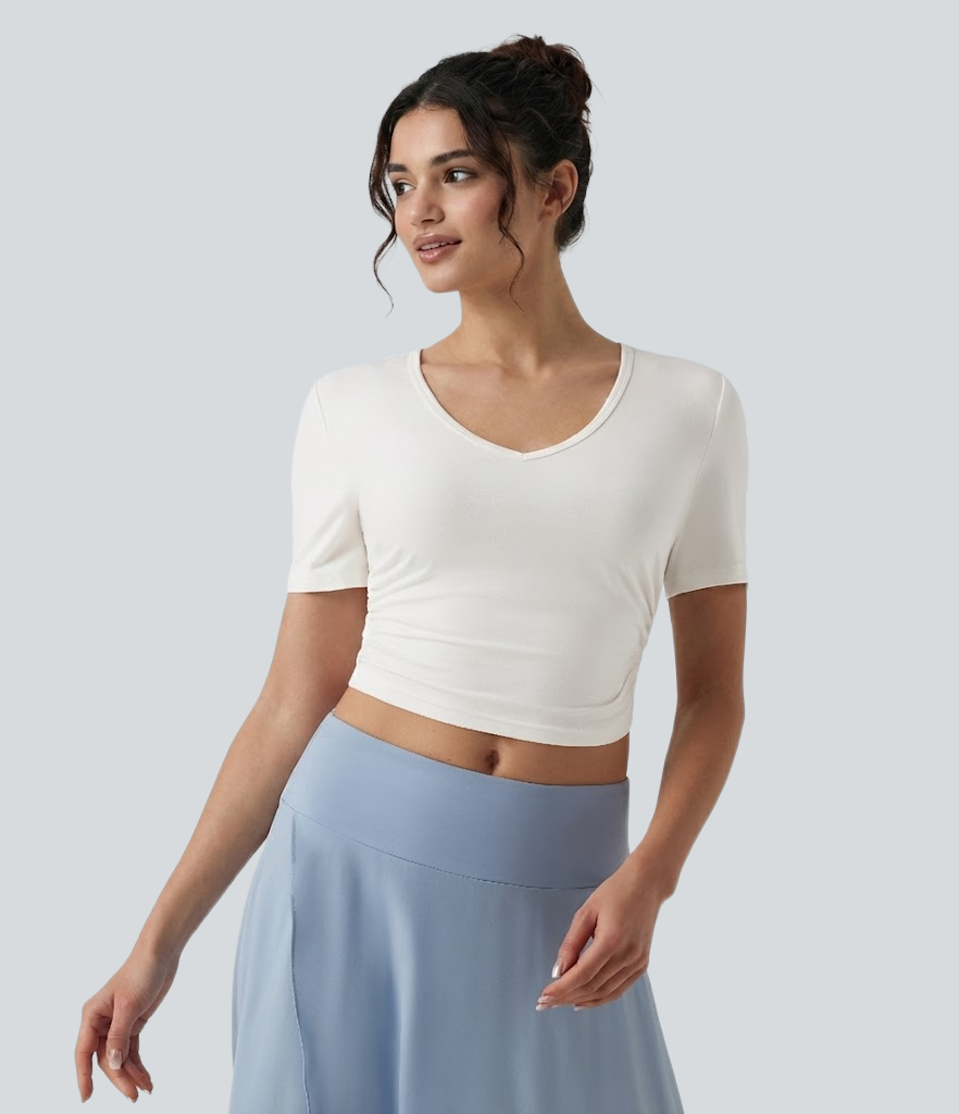 V Neck Short Sleeve Cropped Casual T-Shirt