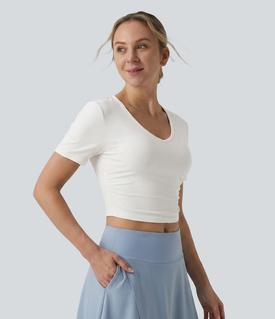 V Neck Short Sleeve Cropped Casual T-Shirt
