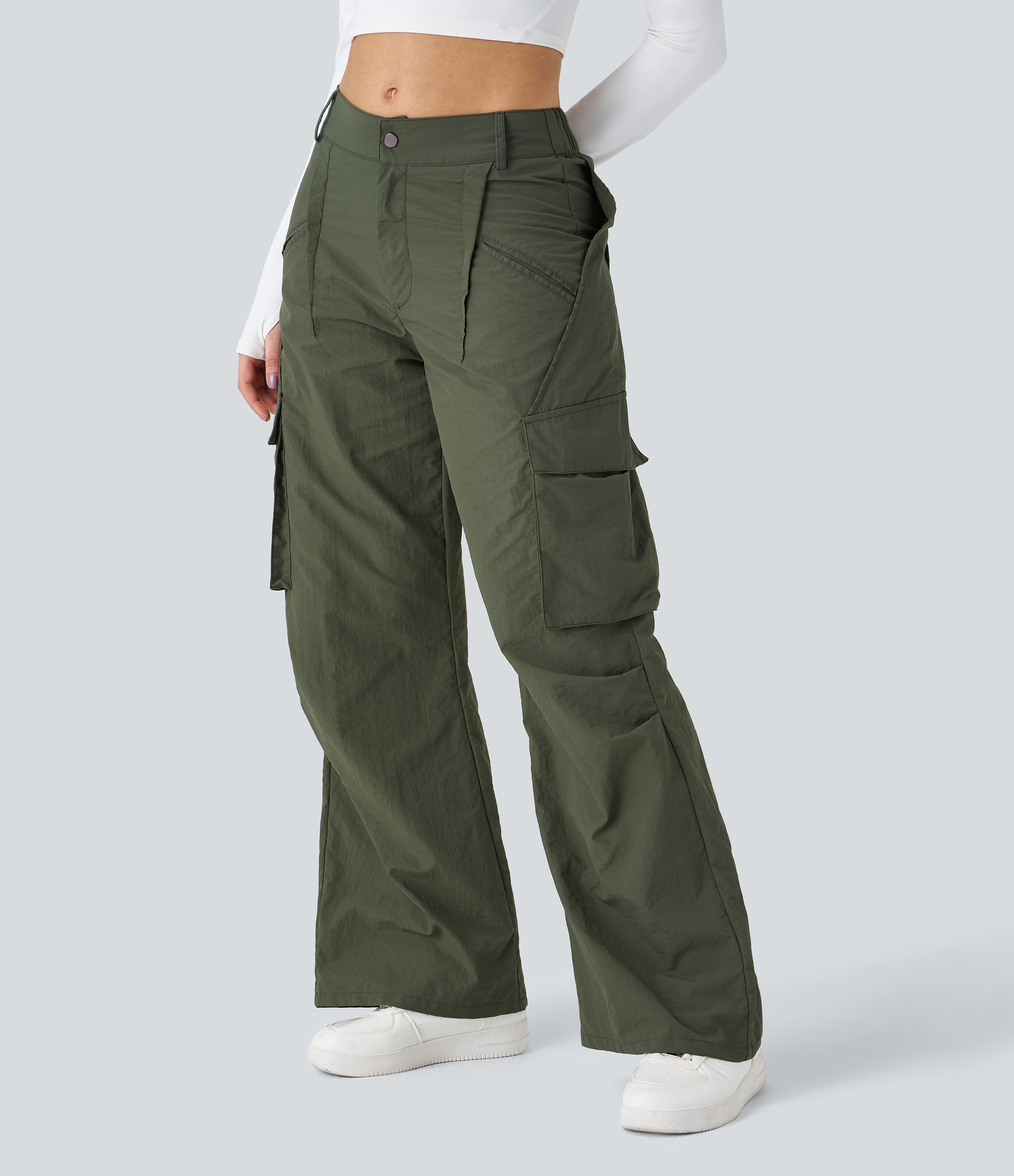 Women's Mid Rise Button Zipper Side Pocket Wide Leg Baggy Casual