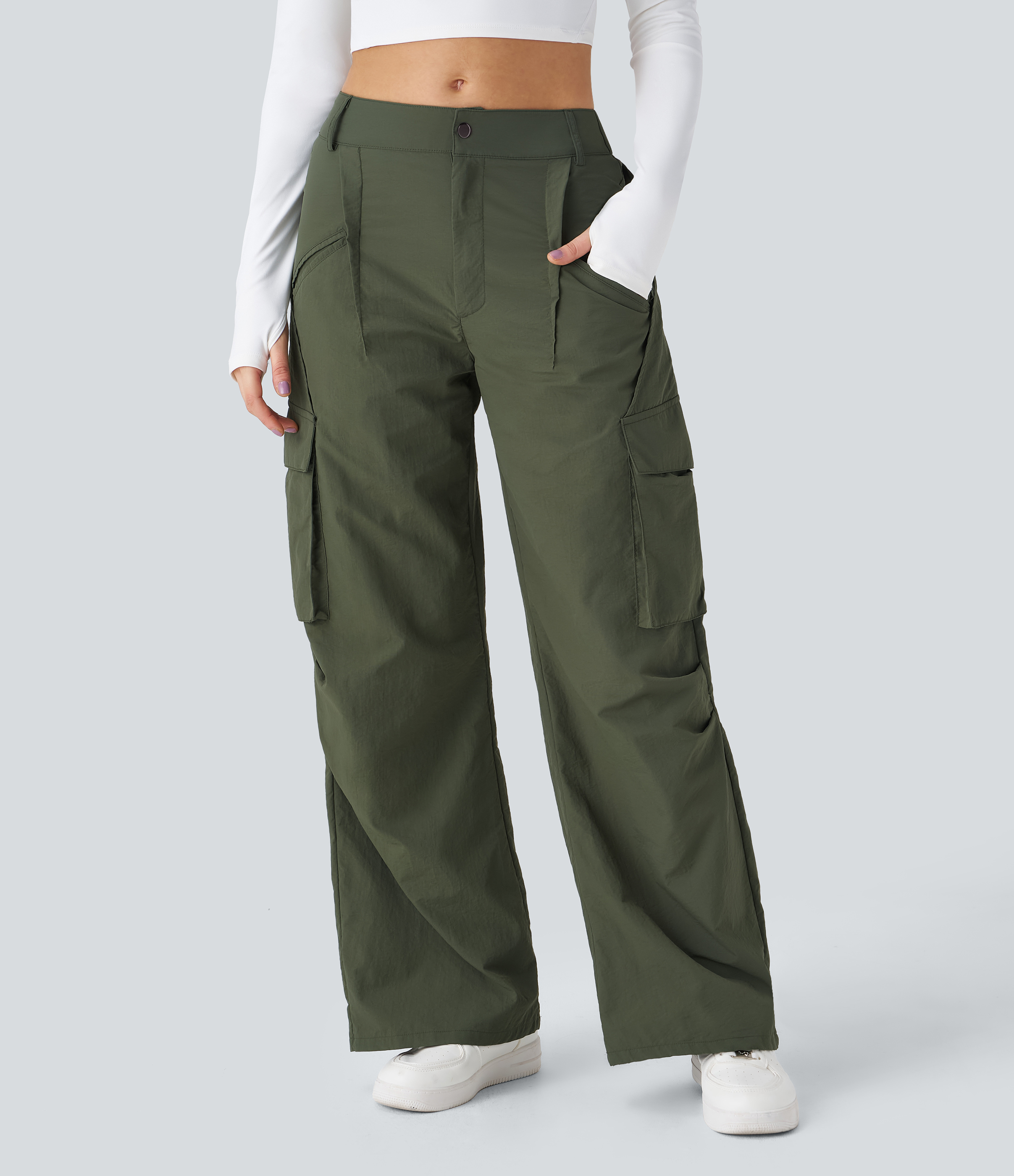 Women's Mid Rise Button Zipper Side Pocket Wide Leg Baggy Casual