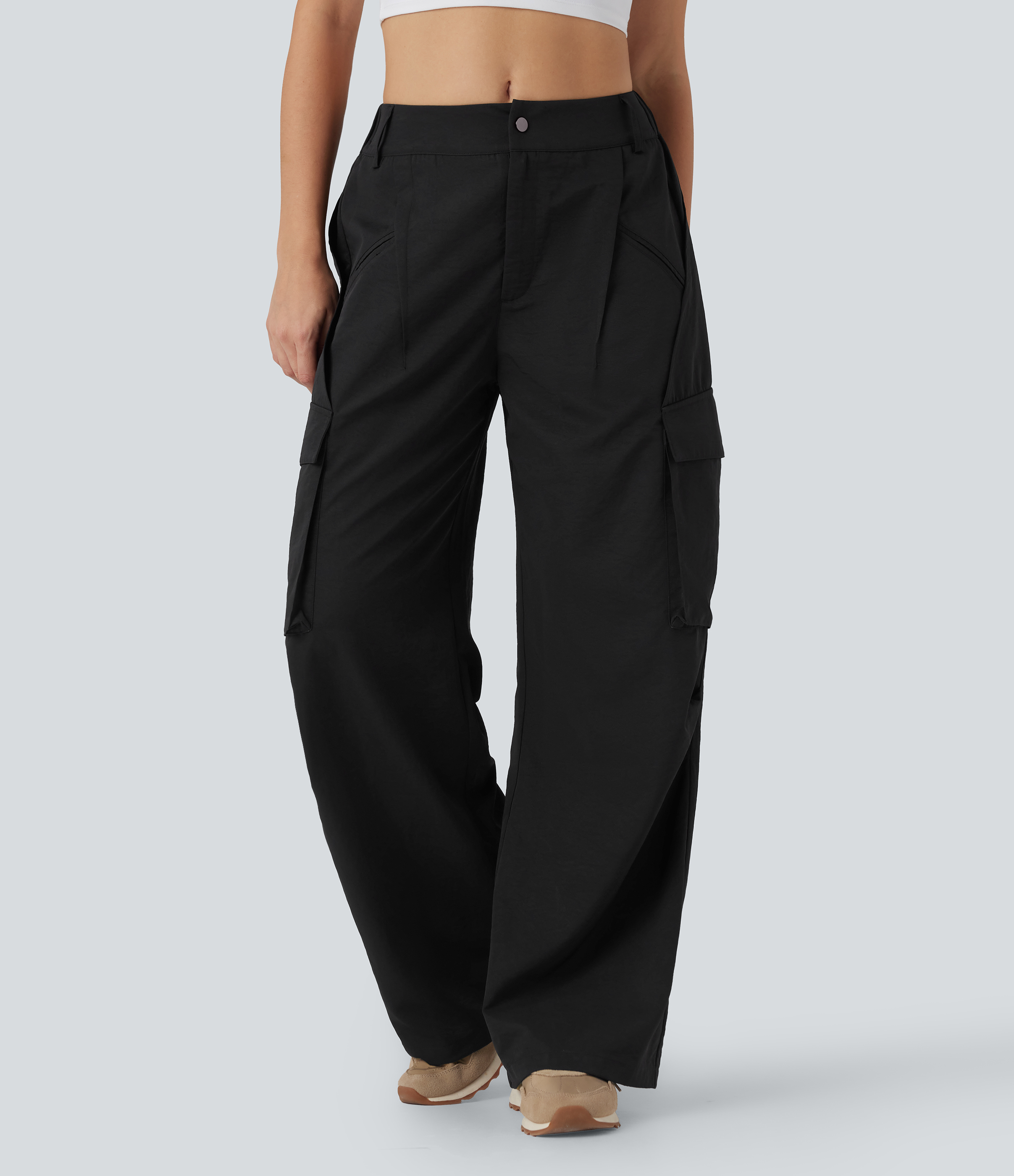 Mid Rise Button Zipper Side Pocket Women Wide Leg Baggy Smart Casual Cargo Pants