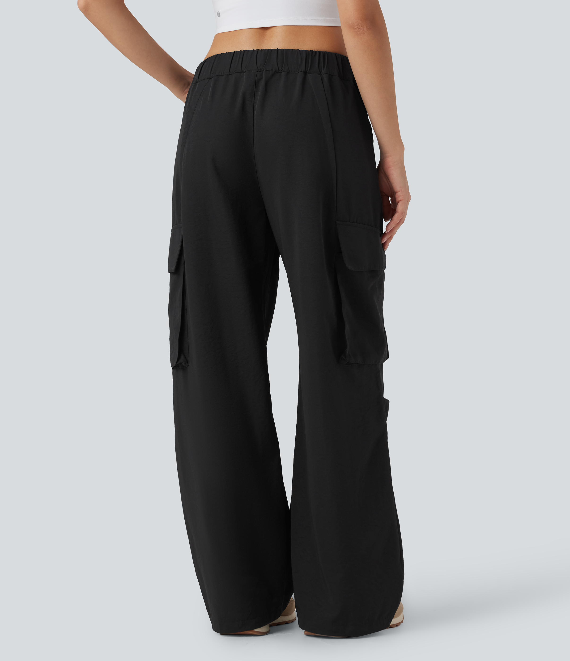 Black Mid Rise Button Zipper Side Pocket Women Wide Leg Baggy Smart Casual Cargo Pants / 2