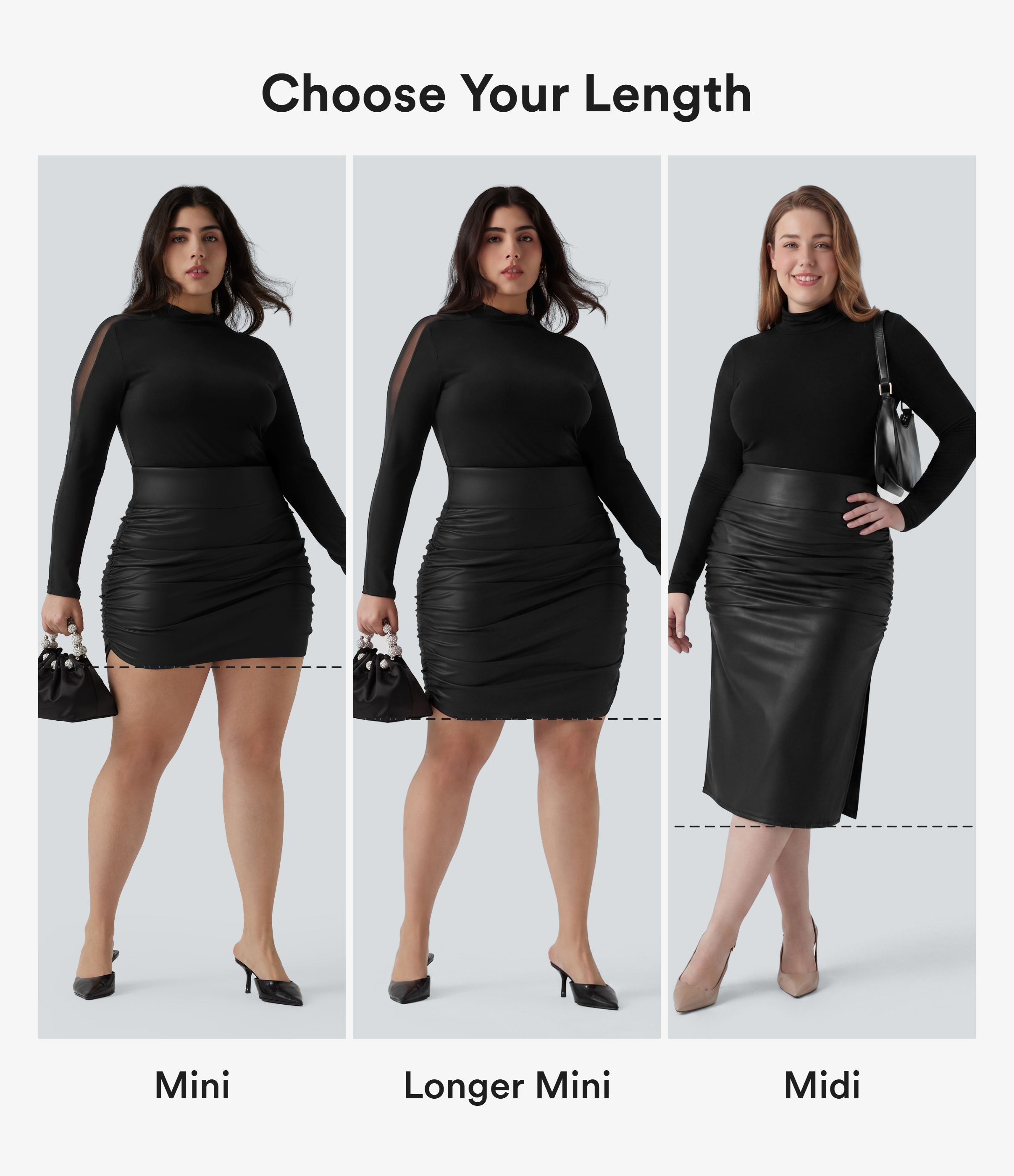 Schwarz Figurbetonter, geraffter 2-in-1 Minirock aus Fleece-Kunstleder mit hohem Bund, Bauchkontrolle und abgerundetem Saum Plus-Size, extralang / 2
