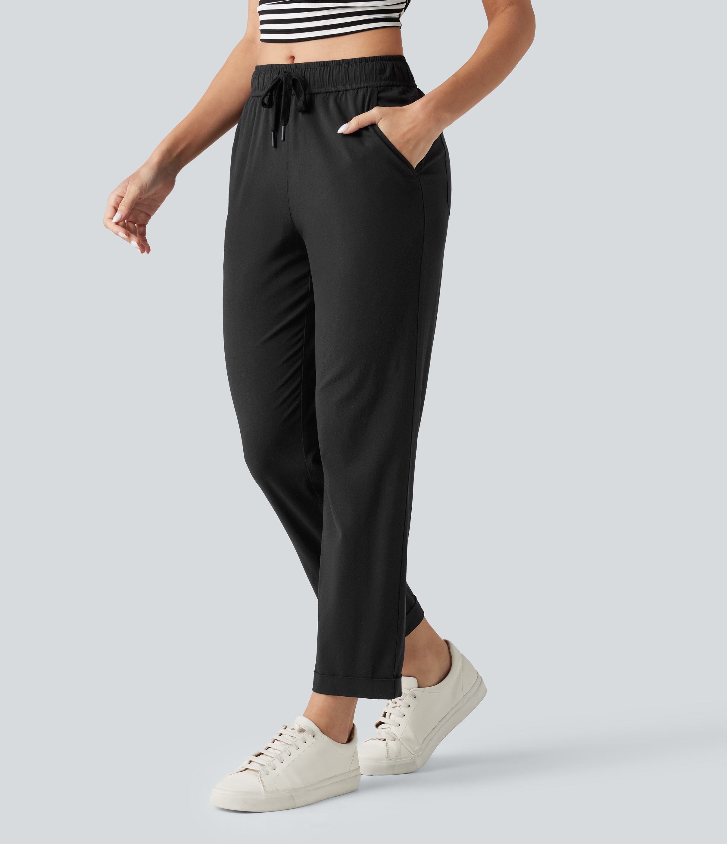 Mid Rise Drawstring Casual Stretch Linen Slim Pants with Pockets