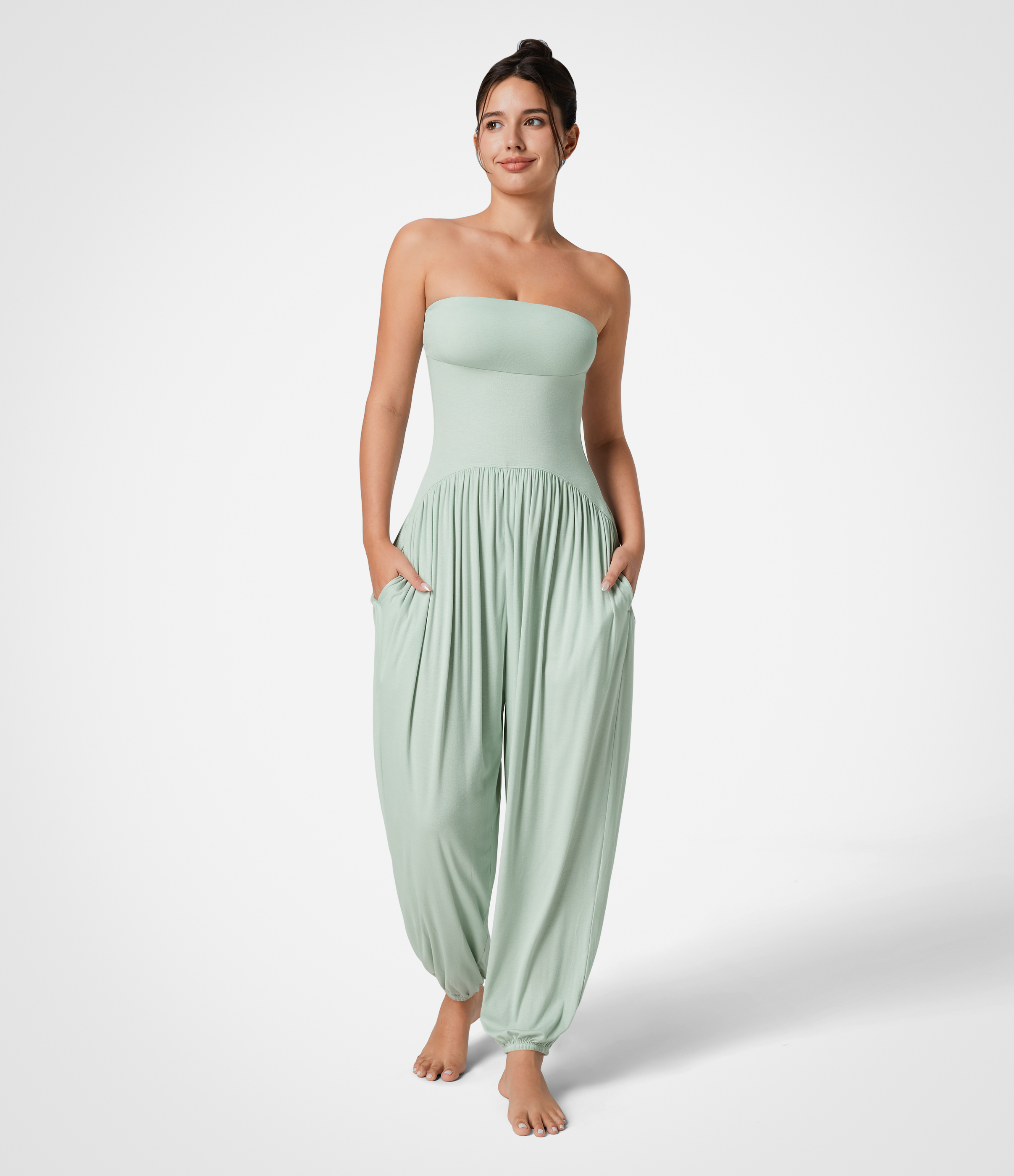 Ribbed Tube Backless Side Pocket Casual Jumpsuit