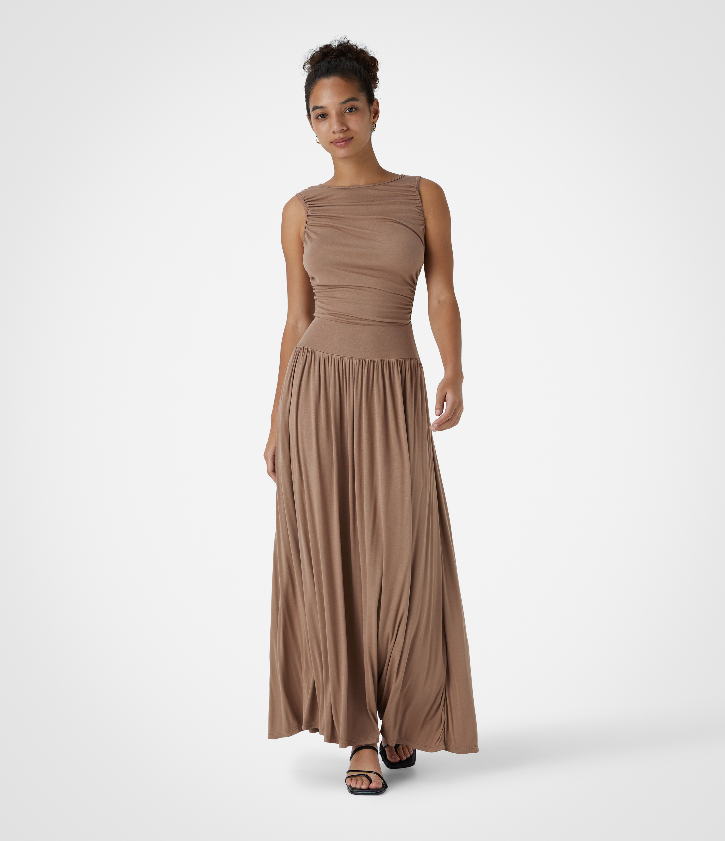 Ribbed Boat Neck Asymmetric Strap Ruched Pocket Flowy Maxi Casual Dress