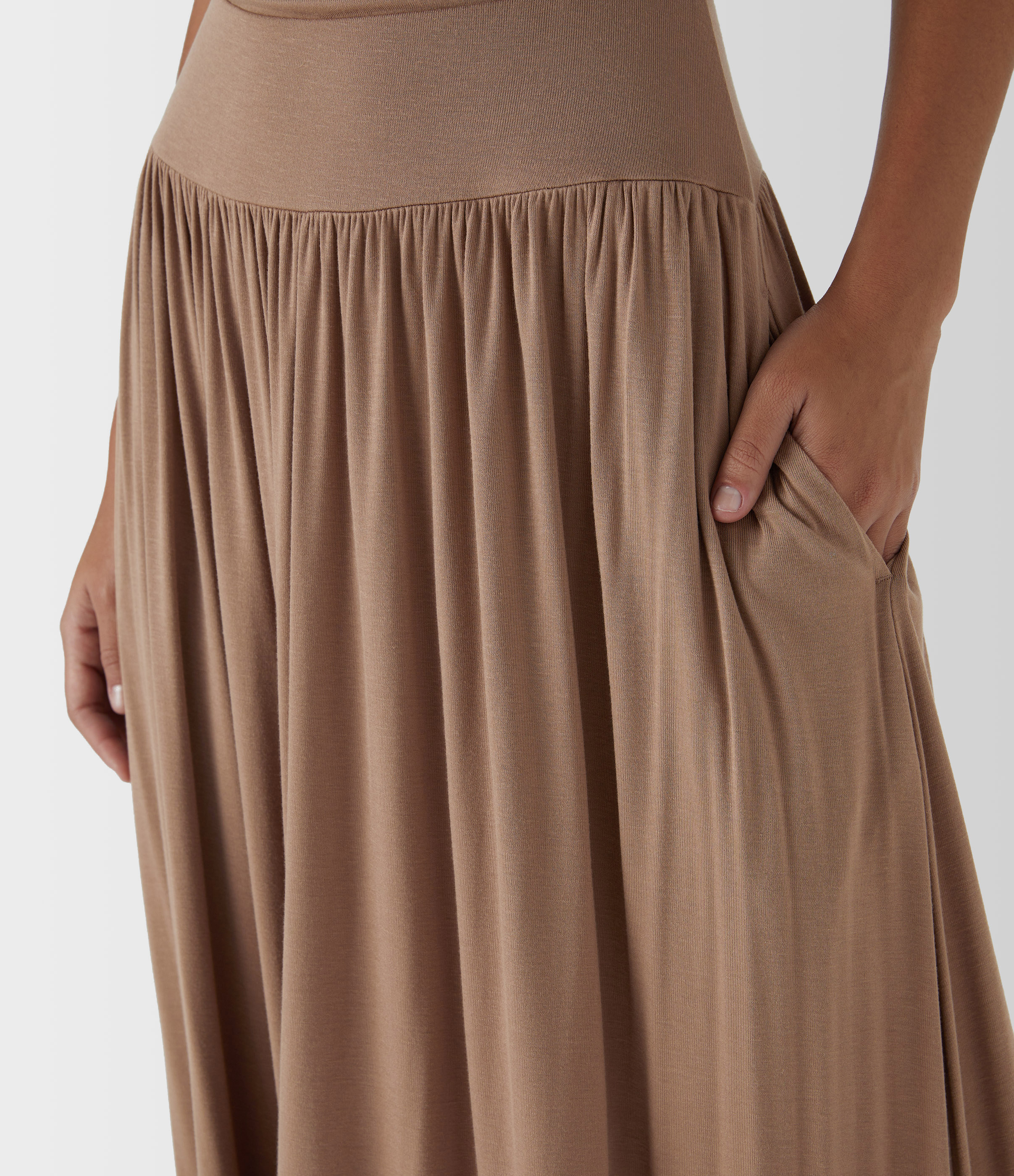 Ribbed Boat Neck Asymmetric Strap Ruched Pocket Flowy Maxi Casual Dress