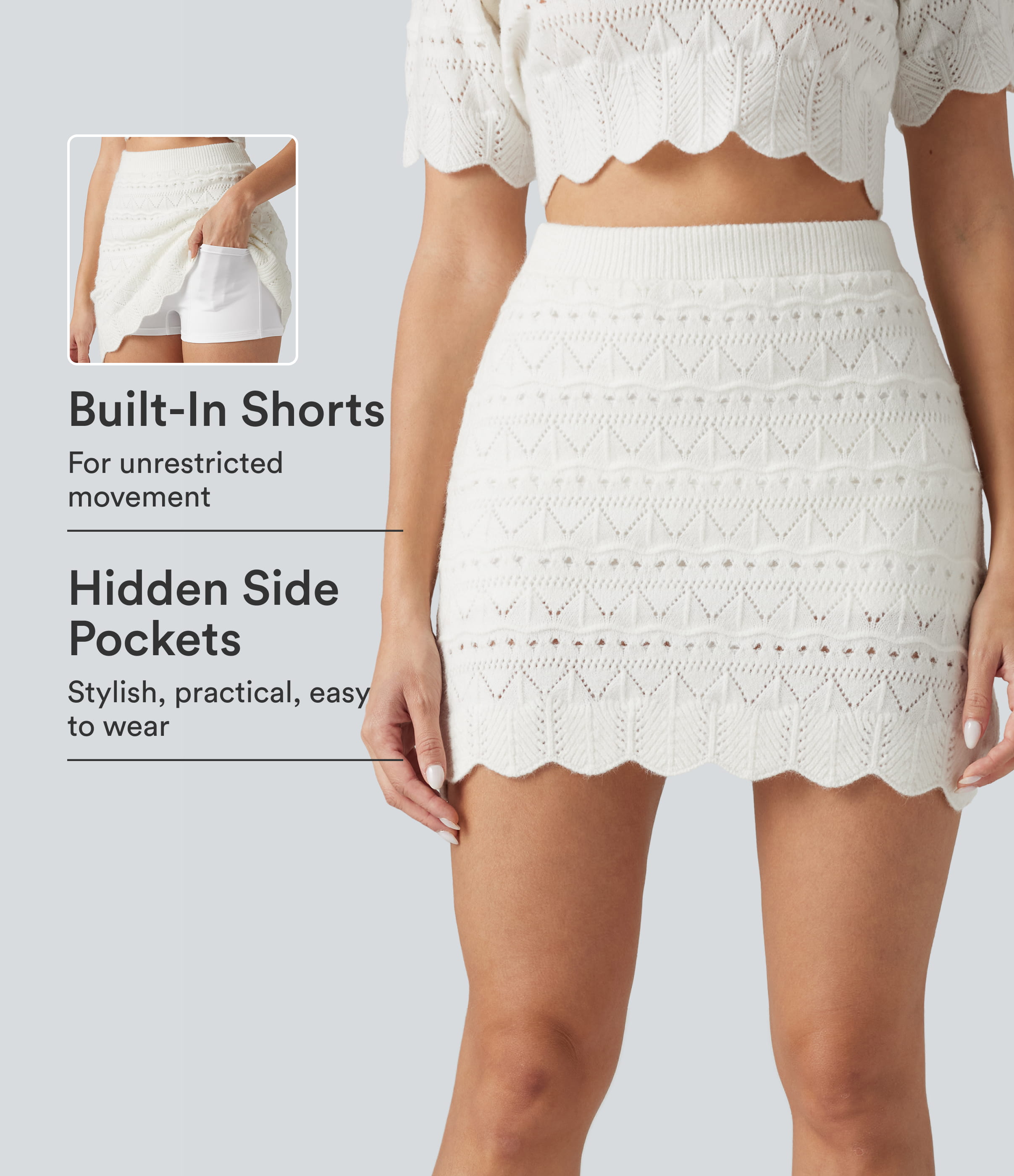 2-in-1 Minirock aus offenem Strick mit hohem Bund und Seitentaschen - extralang