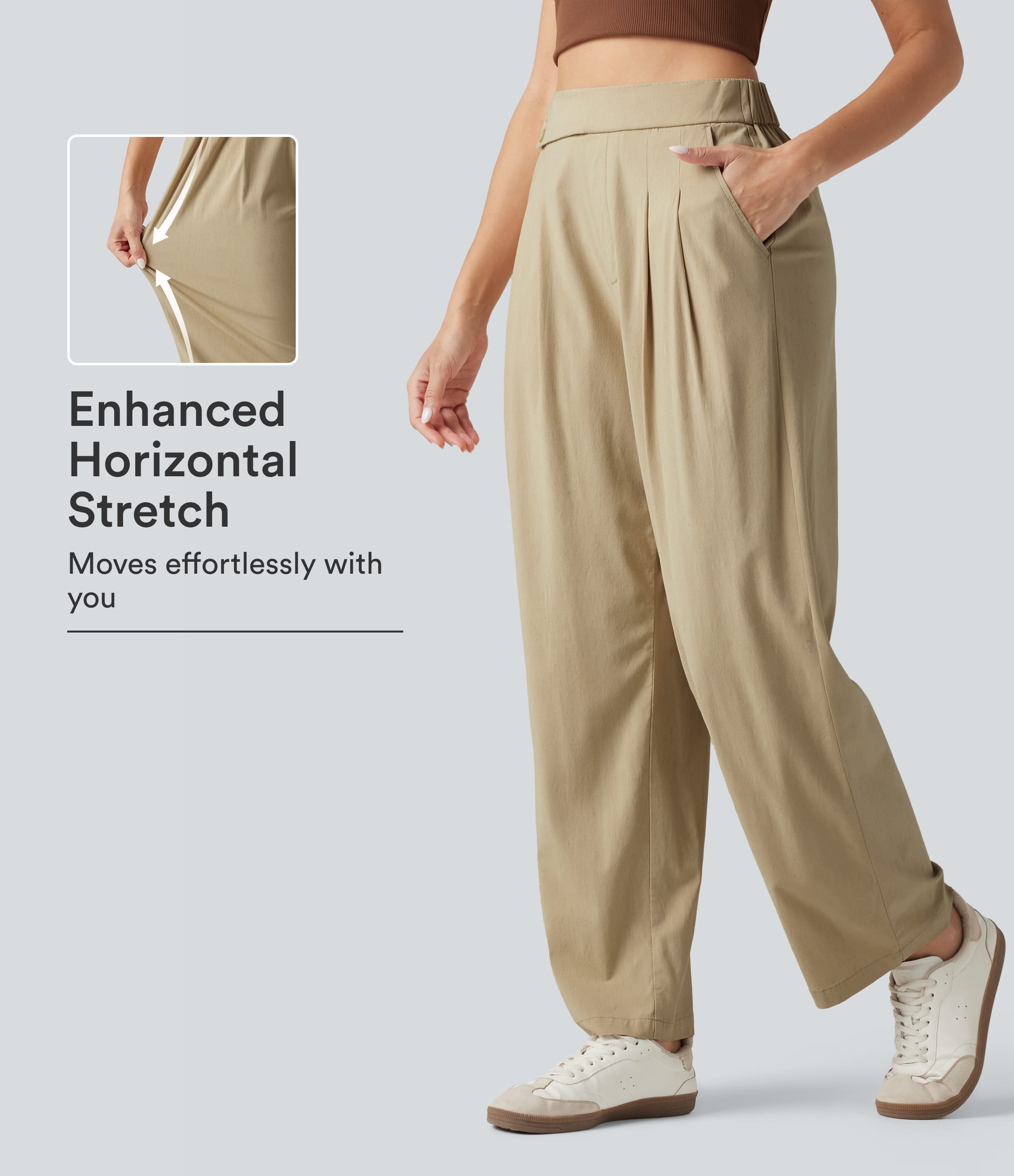 High Waisted Tapered Casual Stretch Linen Trousers with Pockets