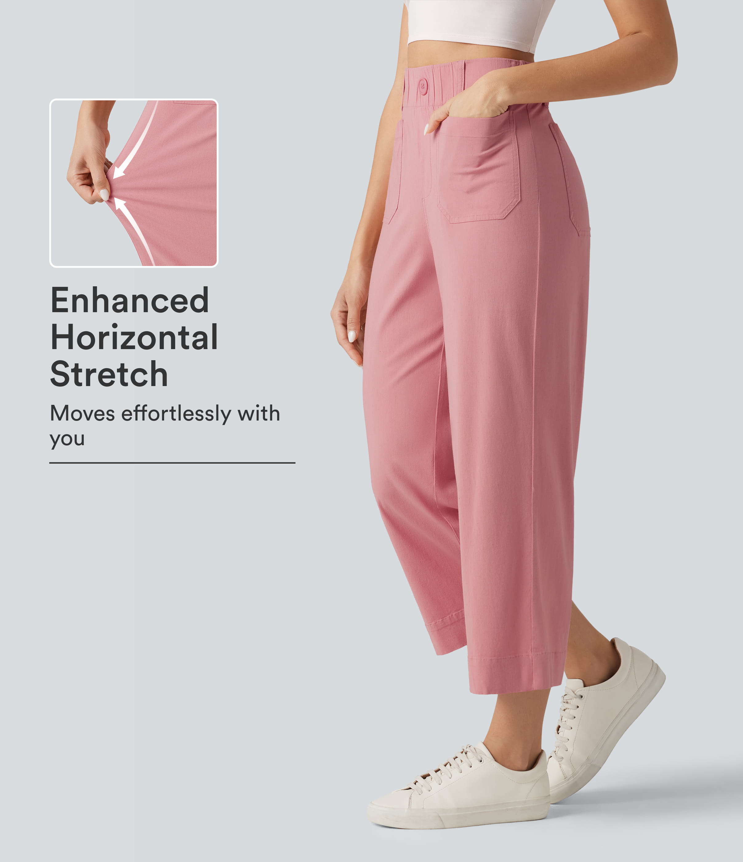 Lässige, verkürzte Hose aus Stretch-Leinen mit hohem Bund, Seitentaschen und weitem Bein