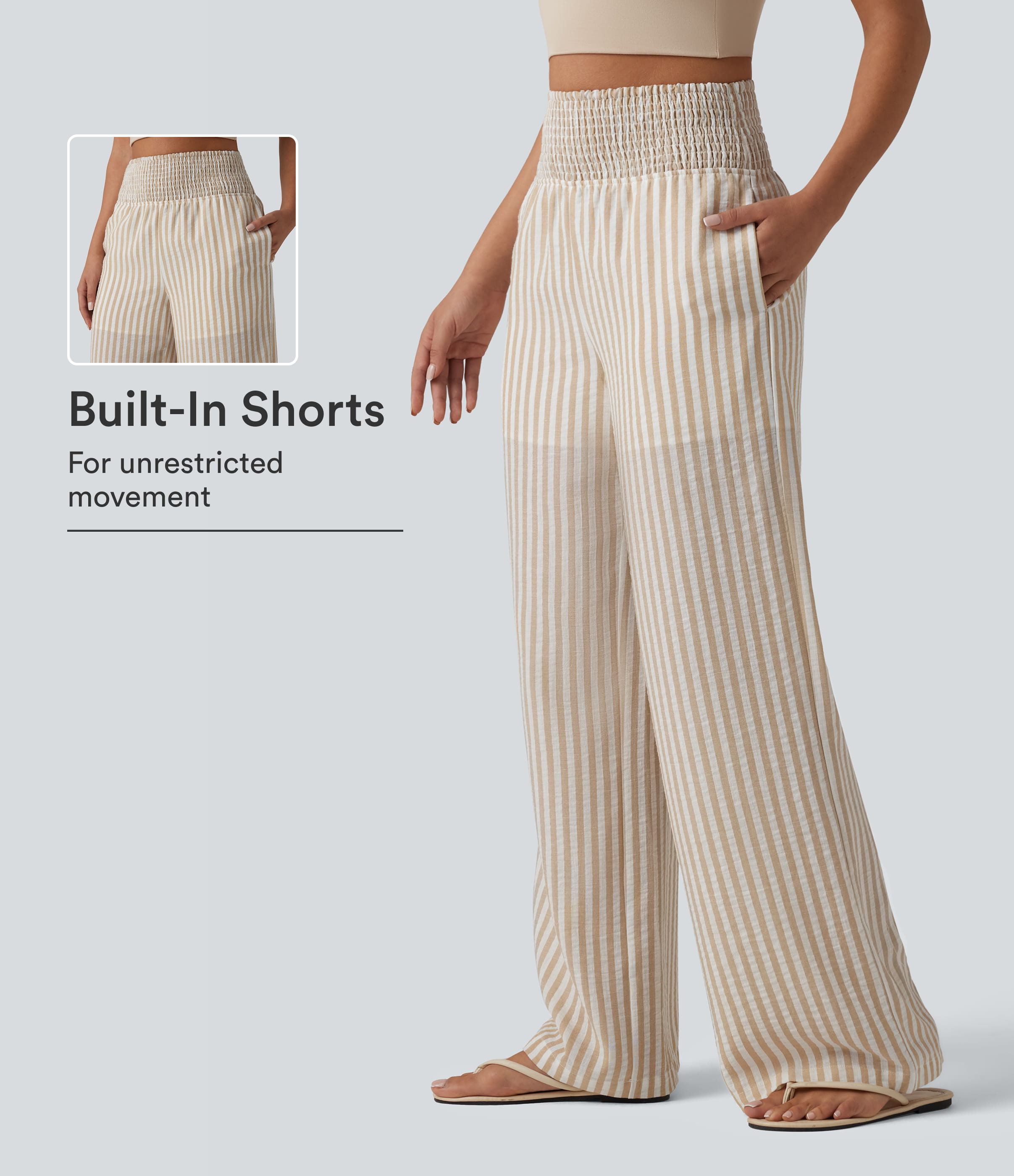 High Waisted Shirred 2-in-1 Straight Leg Stripe Casual Linen-Feel Pants with Pockets