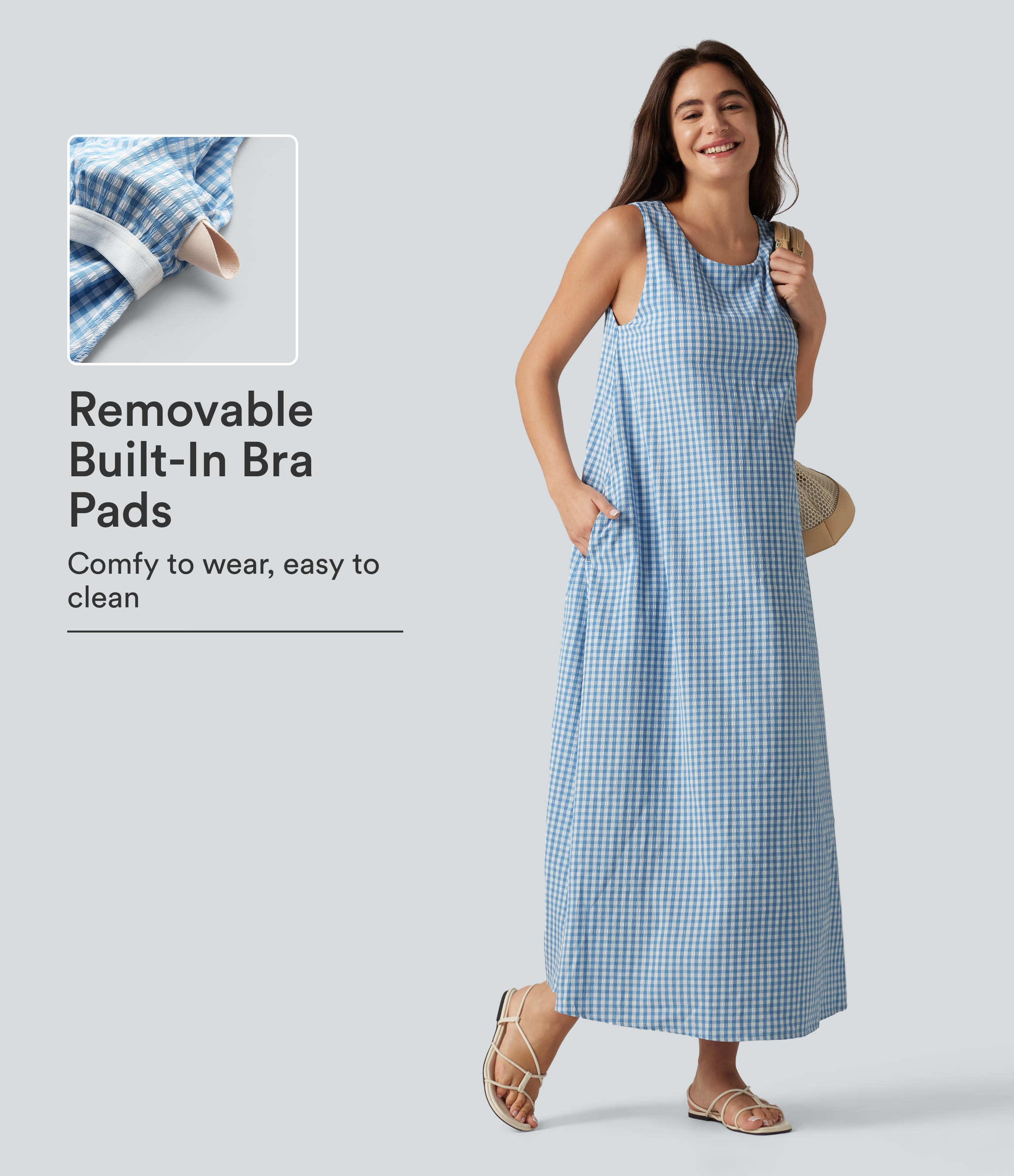 Robe débardeur midi décontractée à col rond sans manches avec soutien-gorge intégré en tissu froissé vichy avec poches