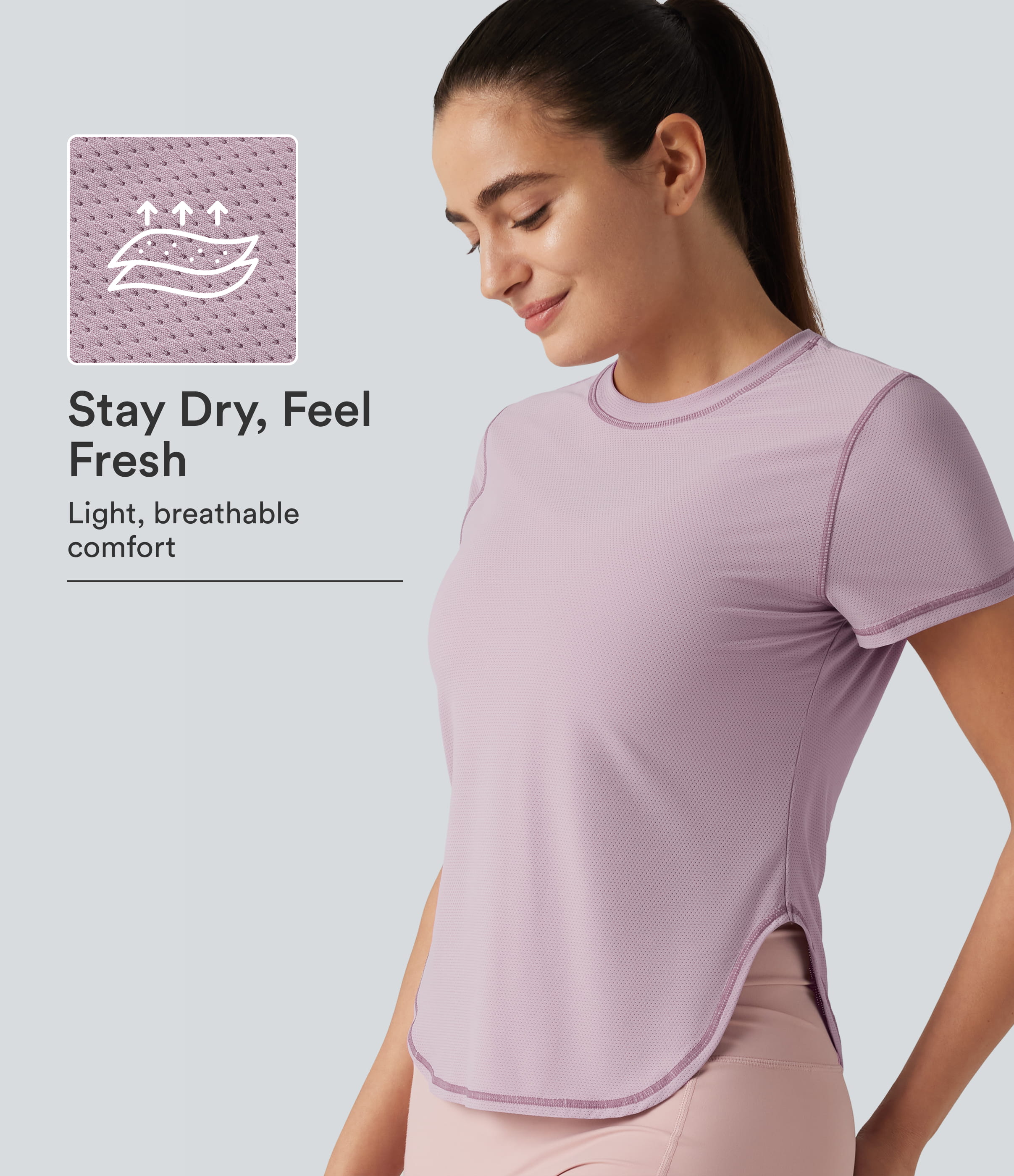 Haut de sport yoga col rond manches courtes ourlet arrondi en mesh respirant