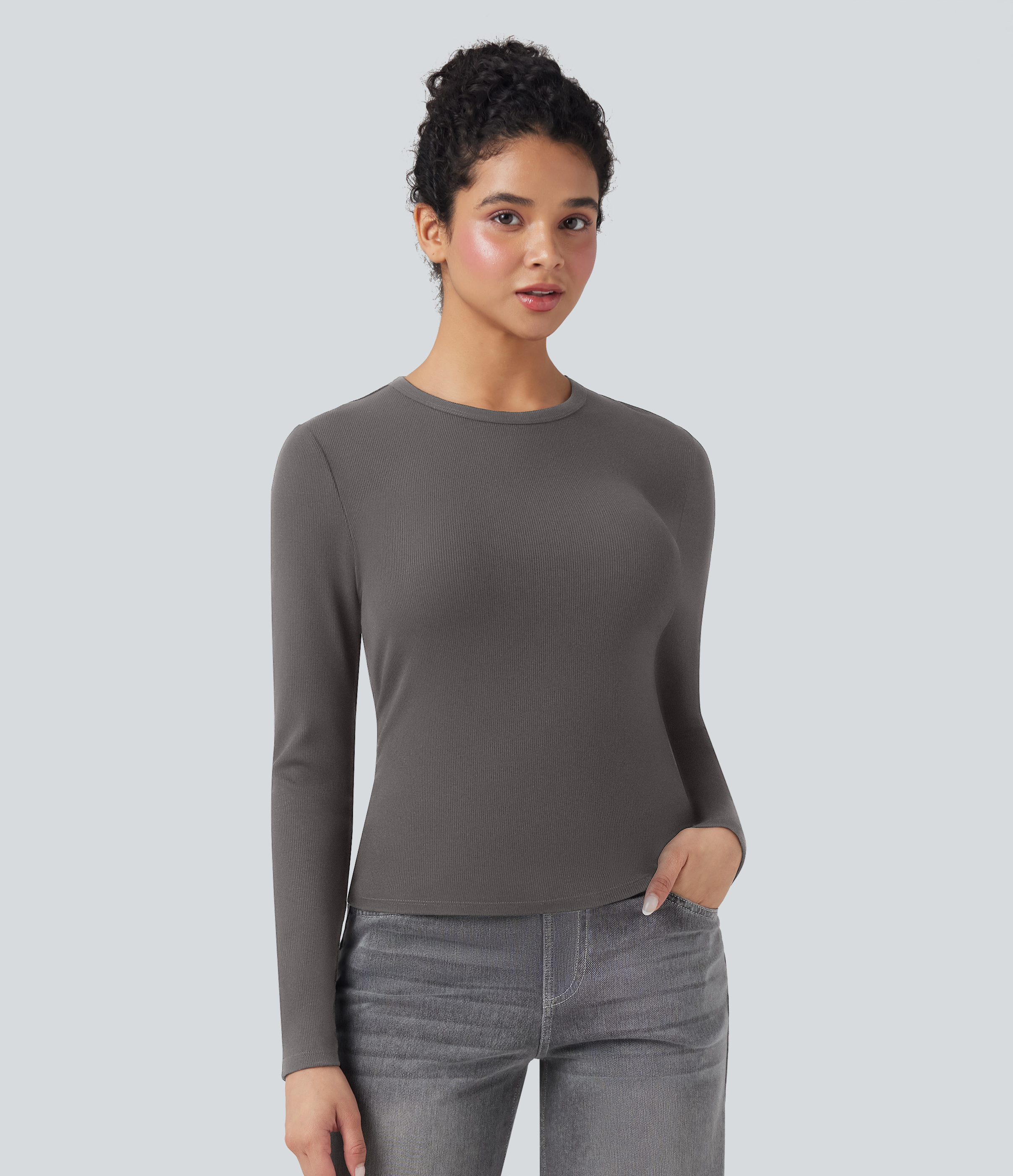 Dark Gull Gray Ribbed Knit Round Neck Long Sleeve Casual Top / 2