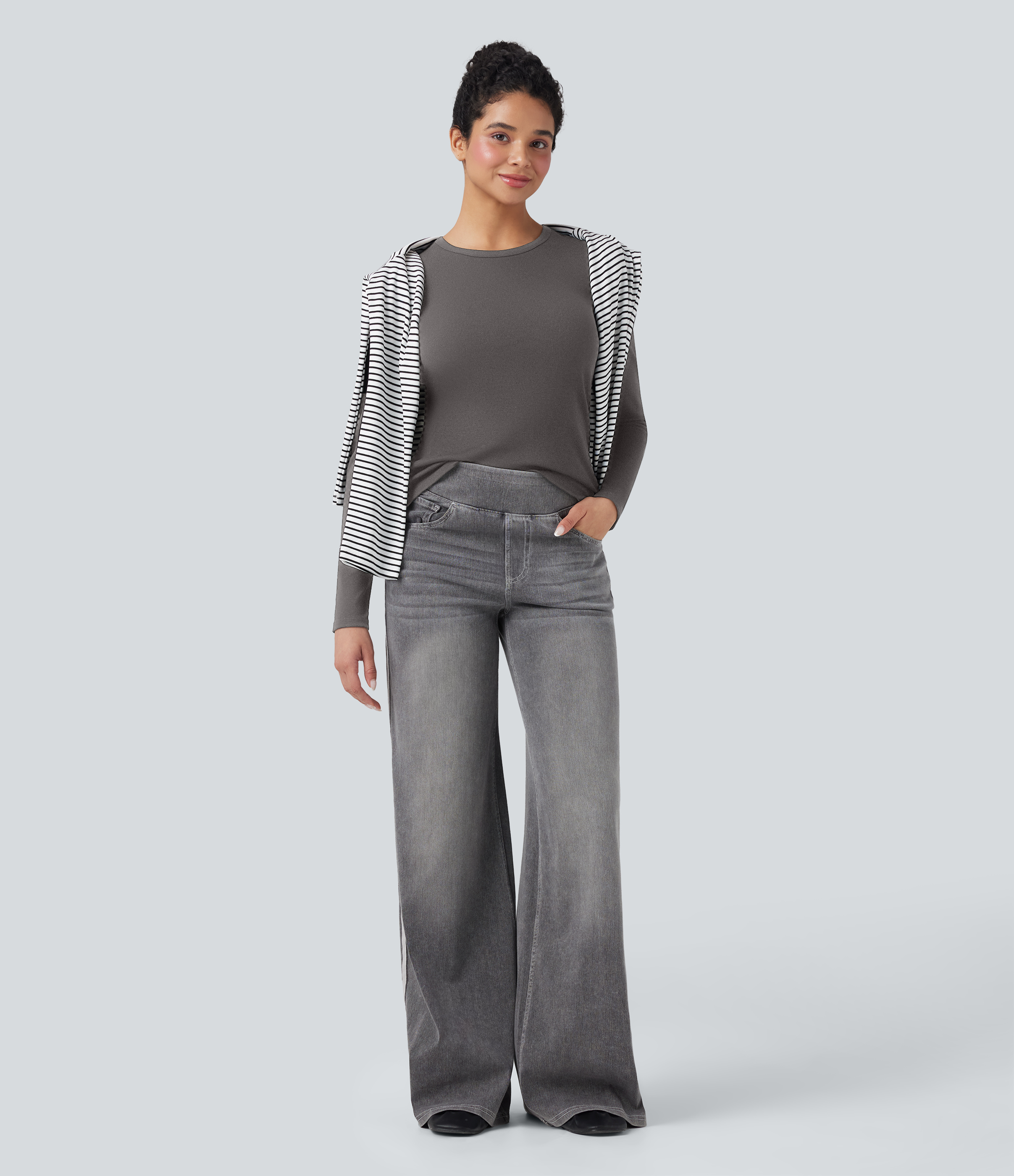 Dark Gull Gray Ribbed Knit Round Neck Long Sleeve Casual Top / 1