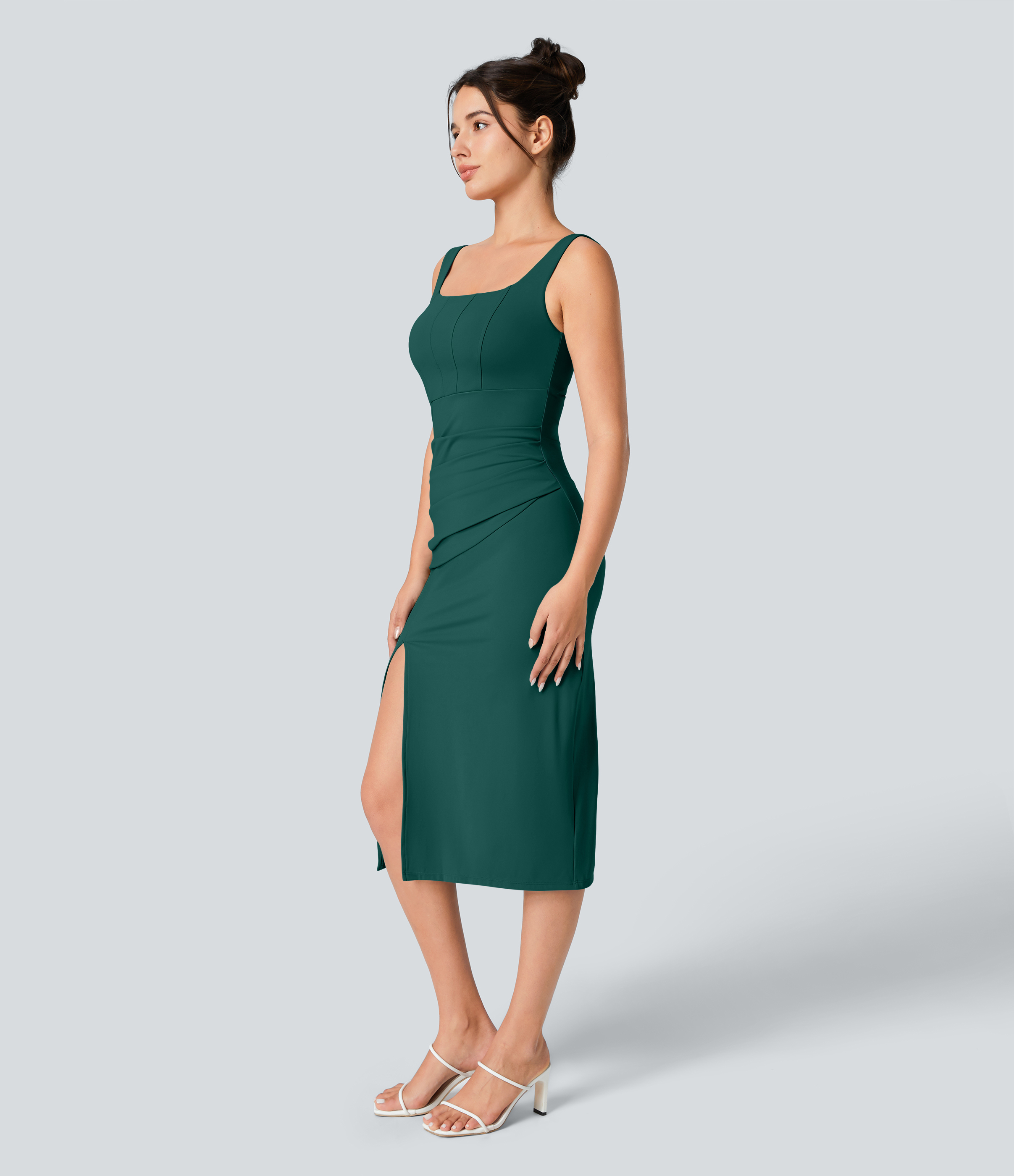 SoftlyZero™ Airy Square Neck Backless Corset Ruched Split Bodycon Midi Cool Touch Bridesmaid and Wedding Guest Dress