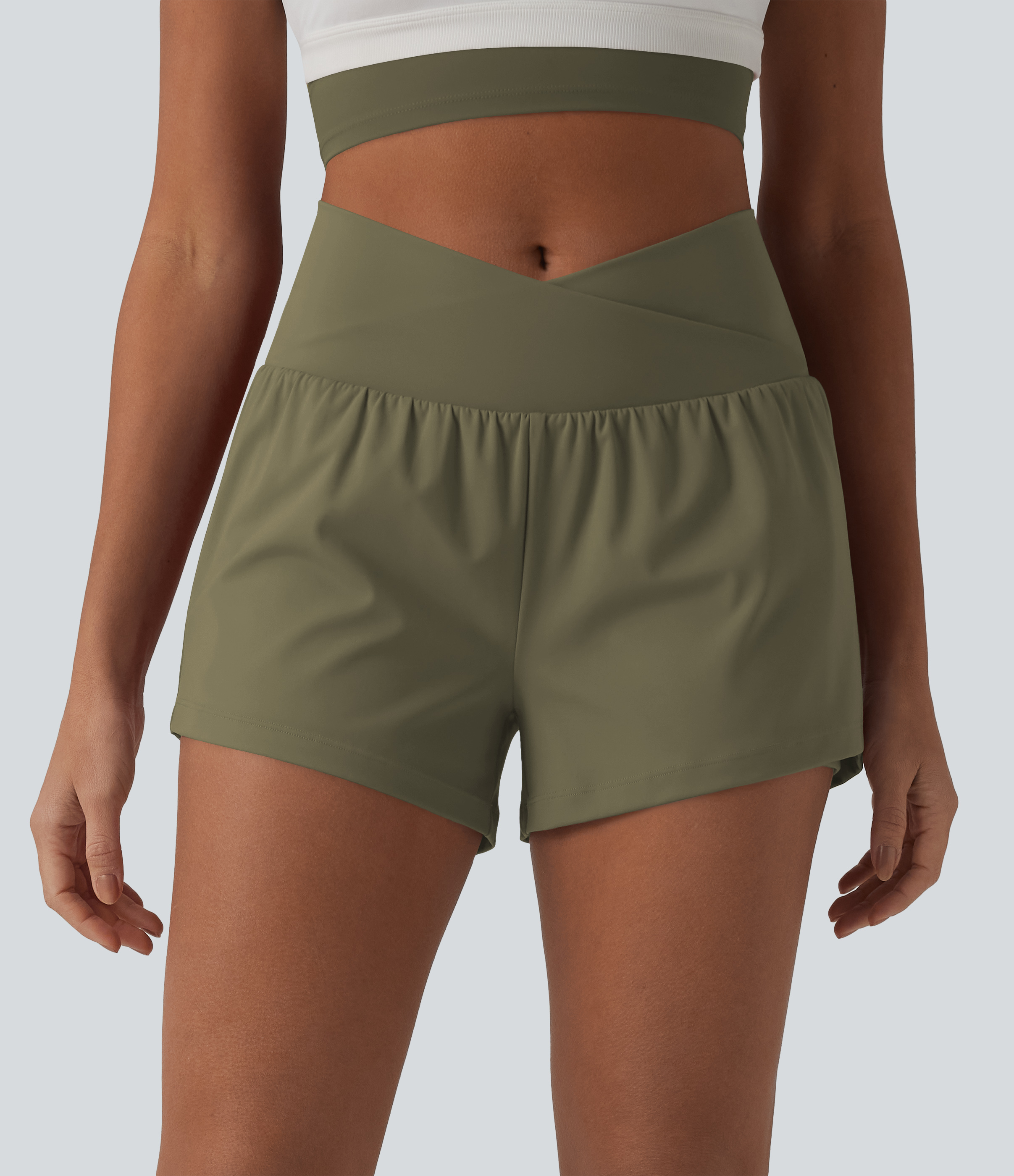 SoftlyZero™ Airy Crossover High Waisted 2-in-1 Cool Touch Yoga Shorts 3'' with Pockets